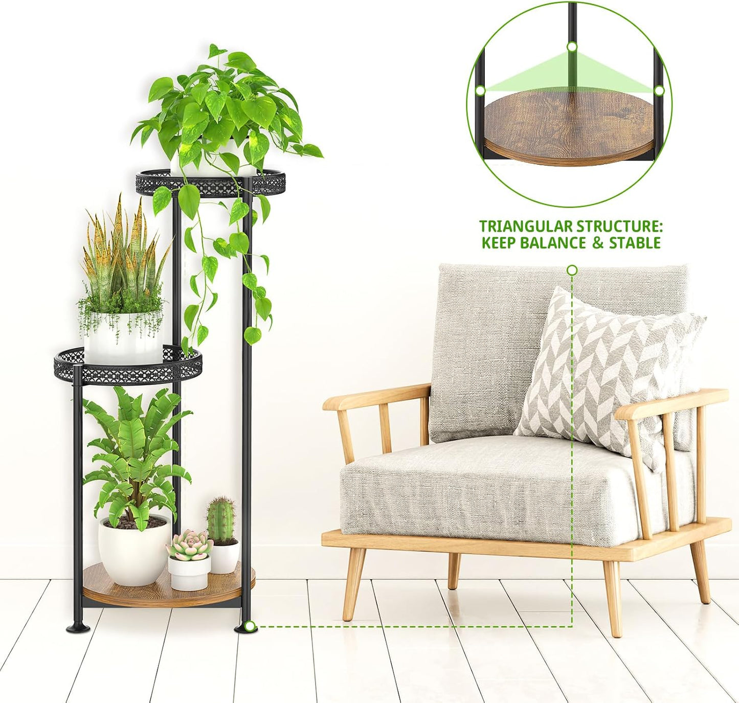 Oppro 3 Tier Plant Stand Indoor Outdoor, 10in Wide Metal Flower Shelf | Large Round Pot Holder for Multiple Plants