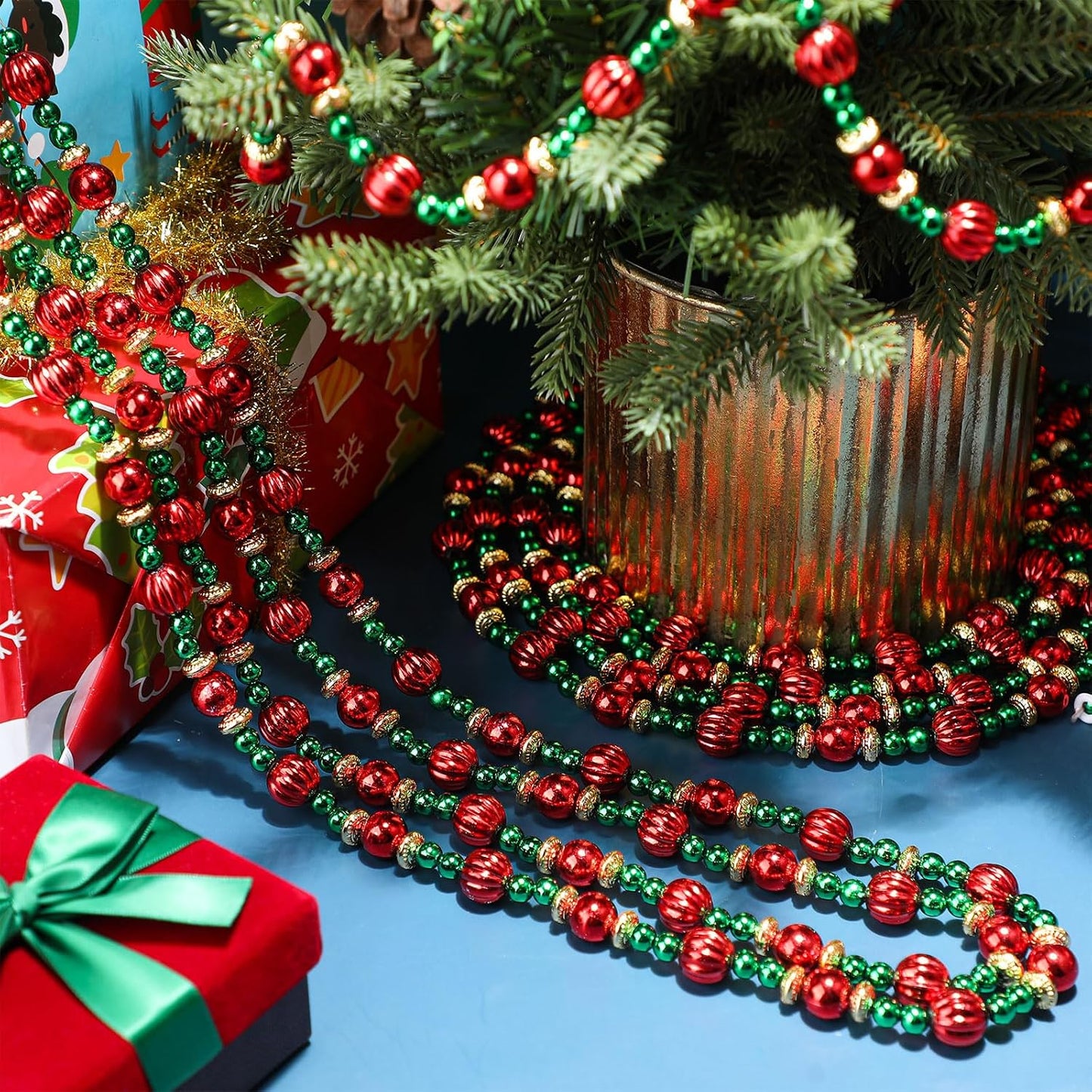 Geosar 12 Pcs 2 Pcs Bead Garland for Christmas Tree 9 Feet Red and Green | Twisted Pearl Beads with Gold Spacers