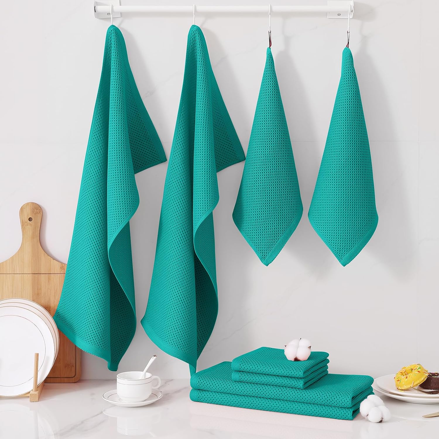 Homaxy 12 Pack 100% Cotton Kitchen Towels and Dishcloths Set, Teal | 12 x 12 Inches and 13 x 28 Inches Kitchen Towels