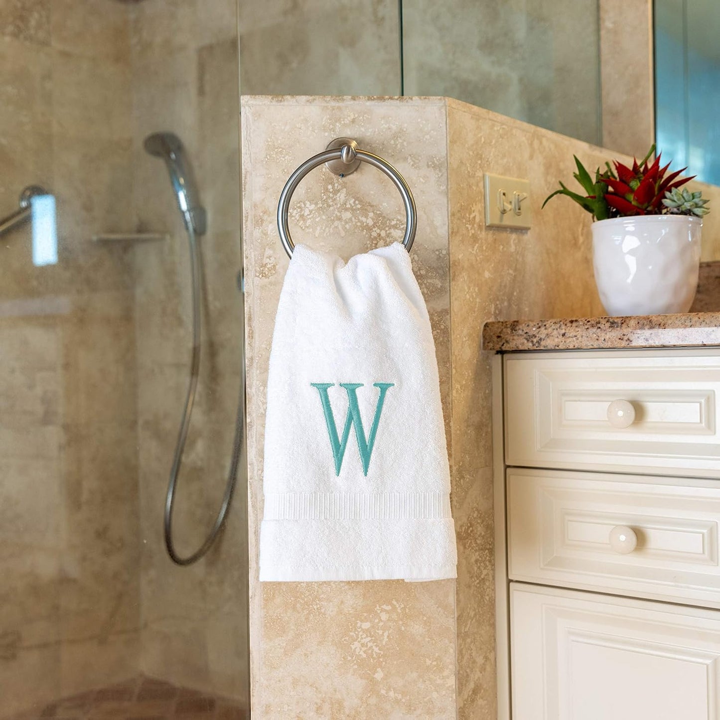 White with Teal Monogrammed Hand Towels for Bathroom - Set of 2 Letter W | Luxury Hotel Quality Initial Towels For