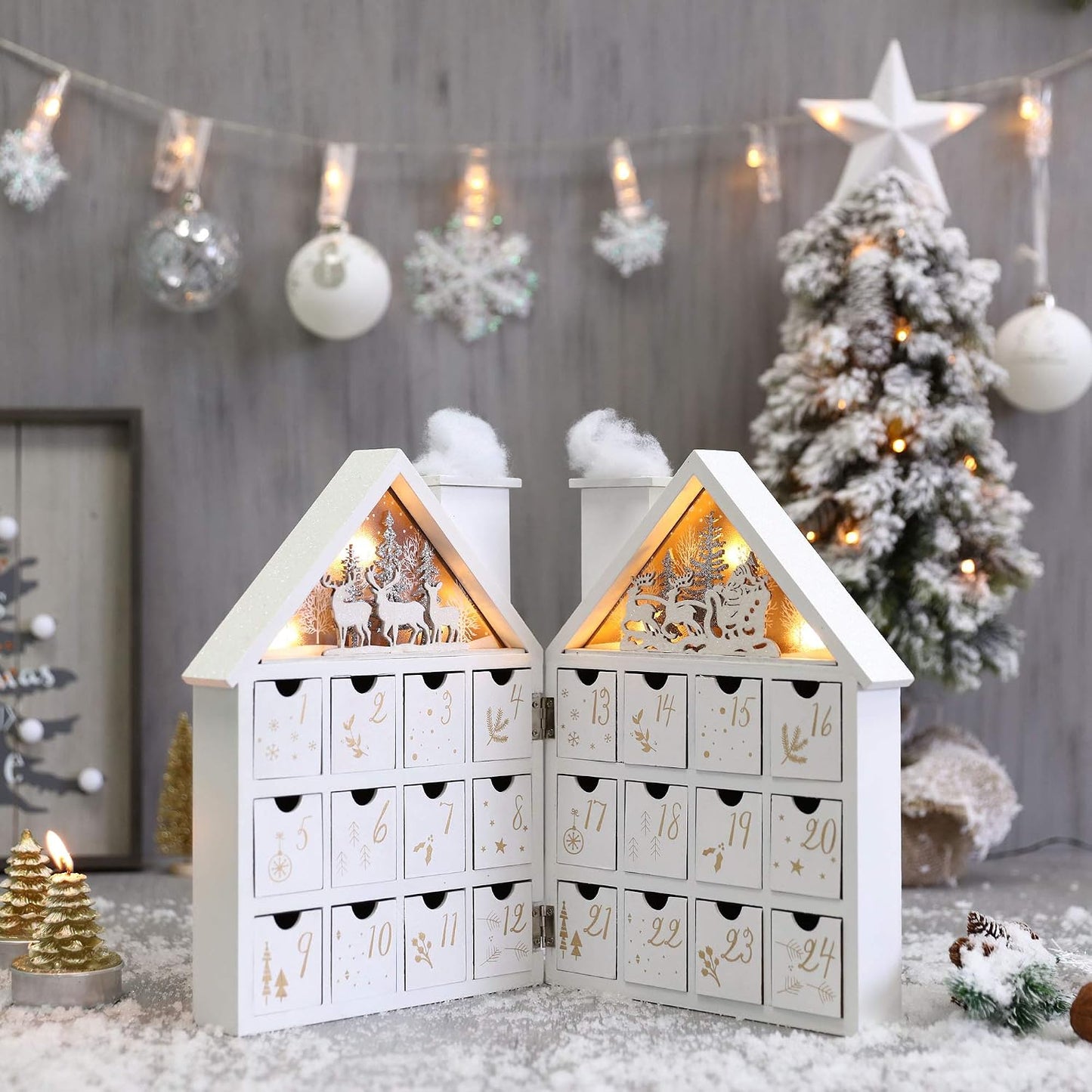 Wooden Christmas Advent Calendar House with 24 Drawers and Led Lights Countdown Calendars for Christmas Decoration