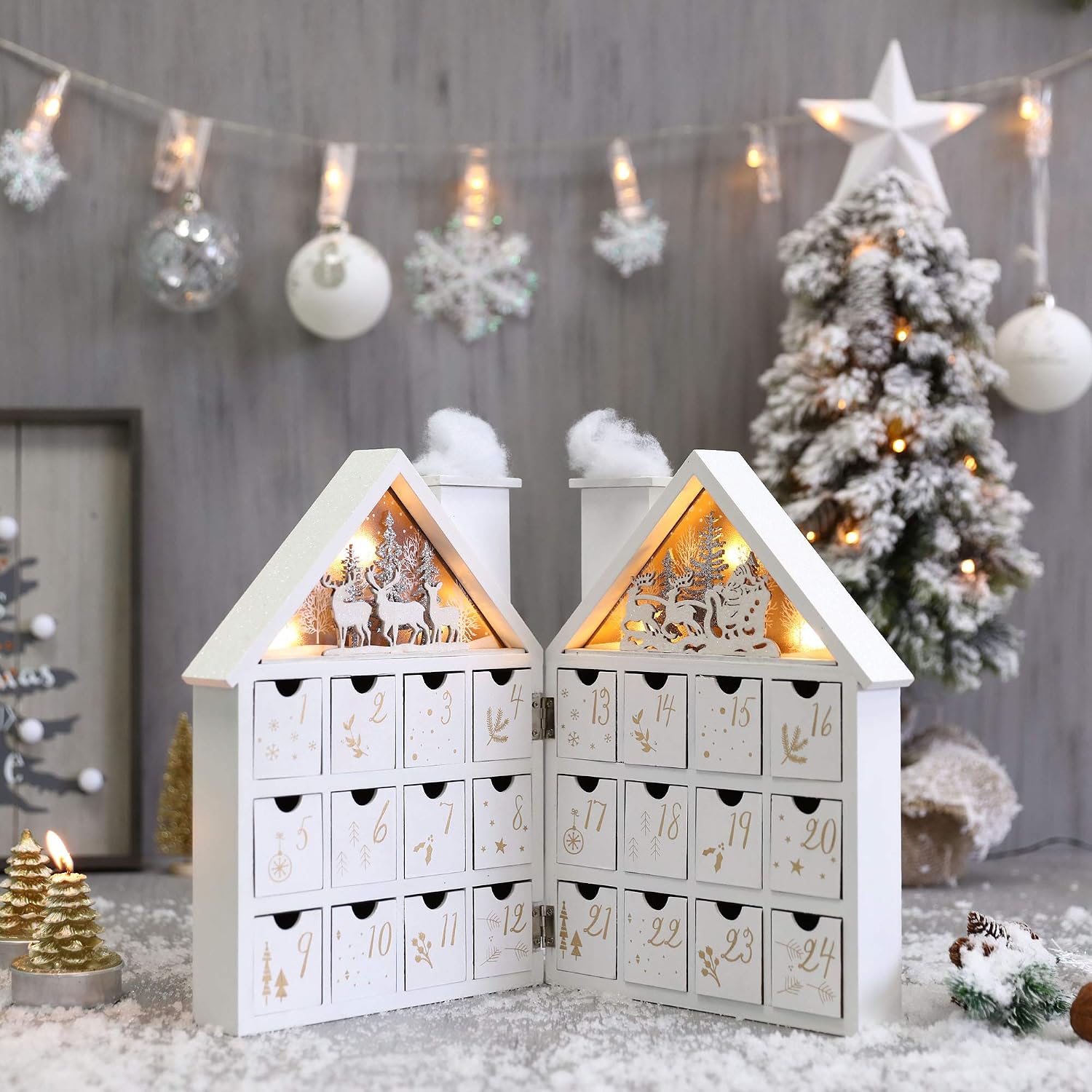 Wooden Christmas Advent Calendar House with 24 Drawers and Led Lights Countdown Calendars for Christmas Decoration