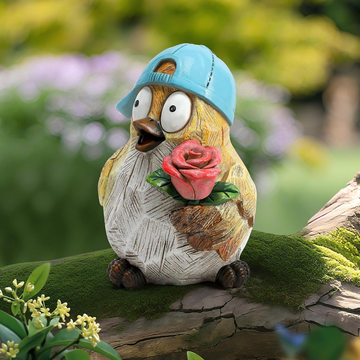 Garden Bird Statue for Decorations Outdoor Animal Figurines Little Bird Holding Flowers Sculpture