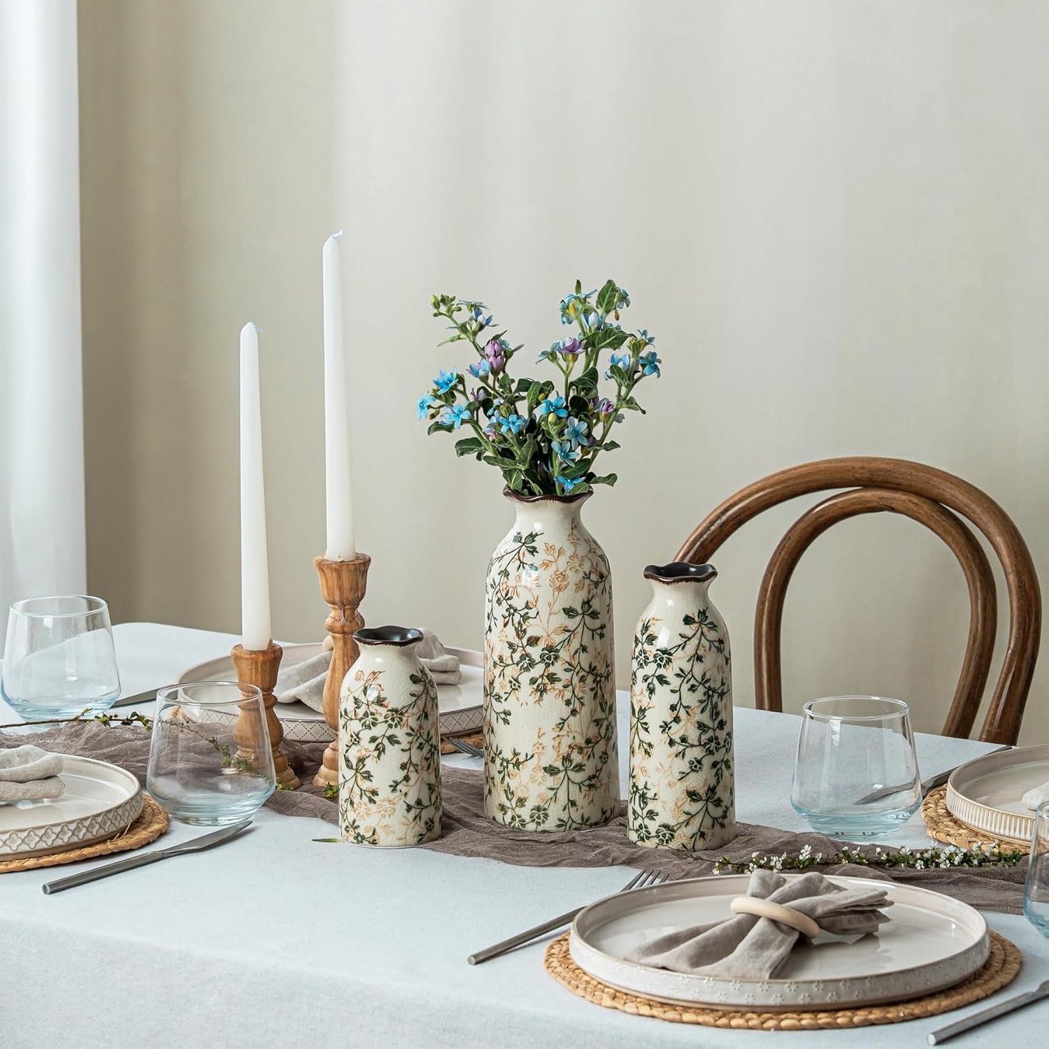 Green Rustic Farmhouse Vase Set / 05-green and Beige / Set of 3