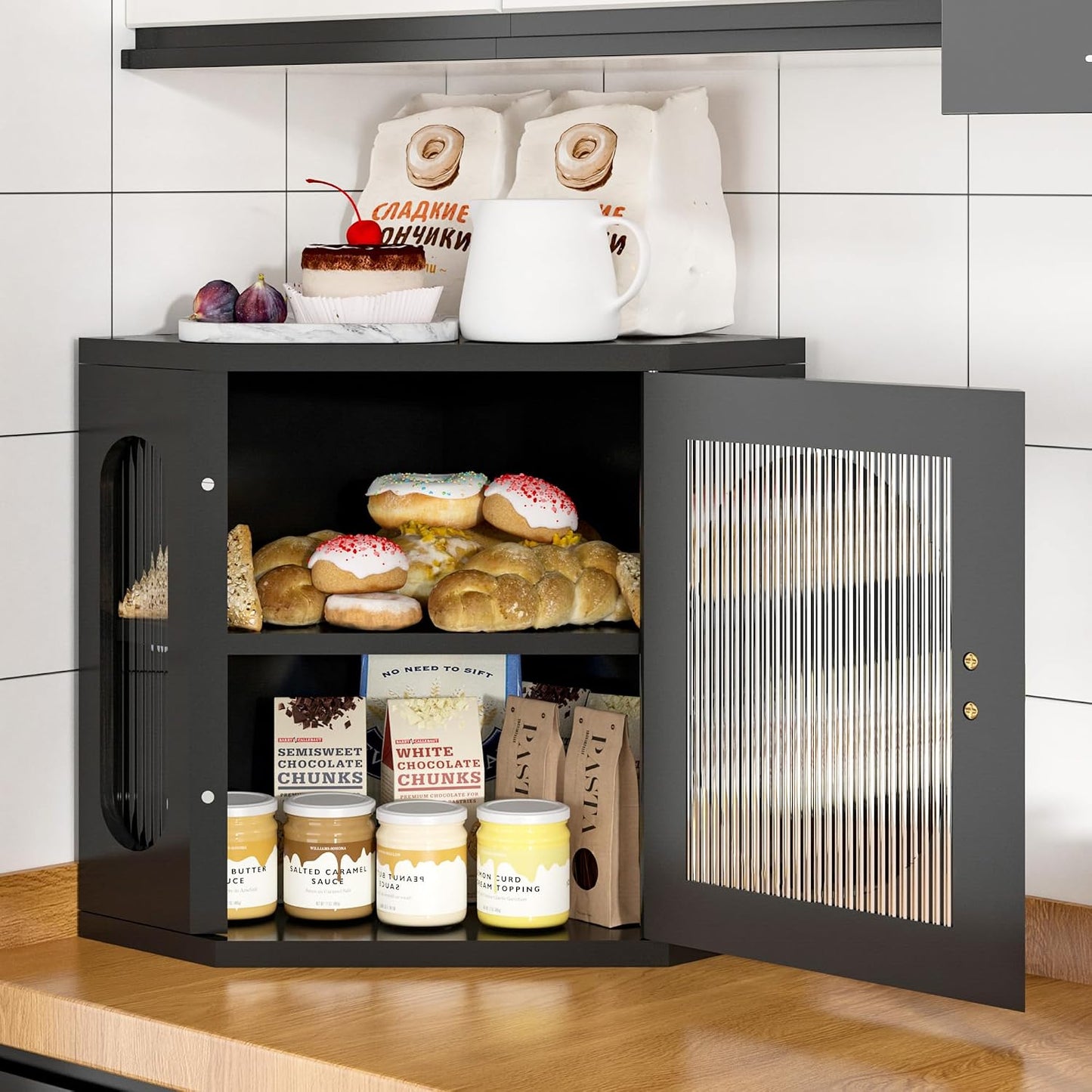 Corner Bread Box for Kitchen Countertop, Large Wooden Bread Box, Double Layer Bread Storage Bin, Bamboo Breadbox for