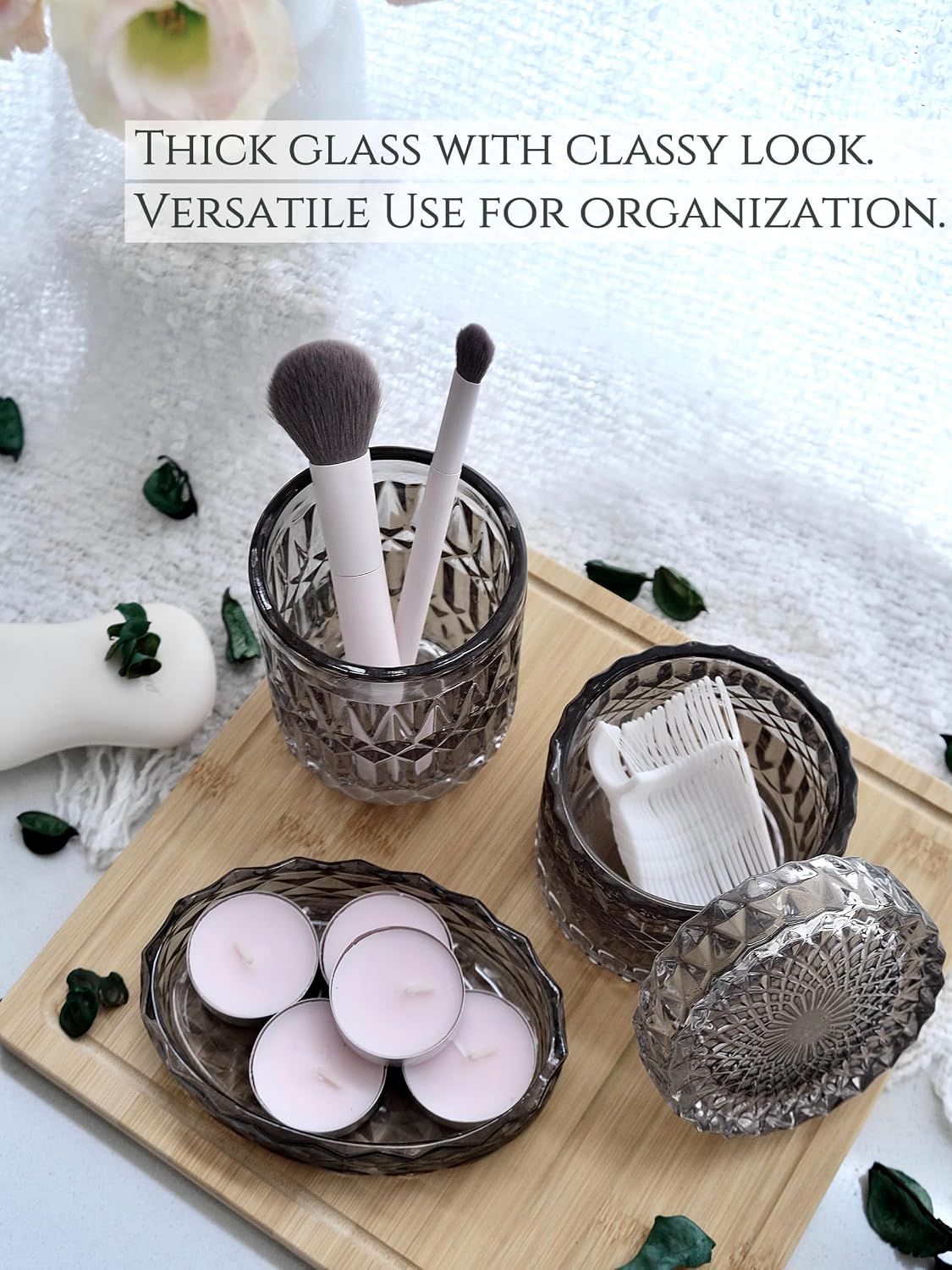 LaMarriti Gray Bathroom Accessories Set, 5Pcs Glass Bathroom Set | Soap Dispenser and Toothbrush Holder Set, Soap Dish