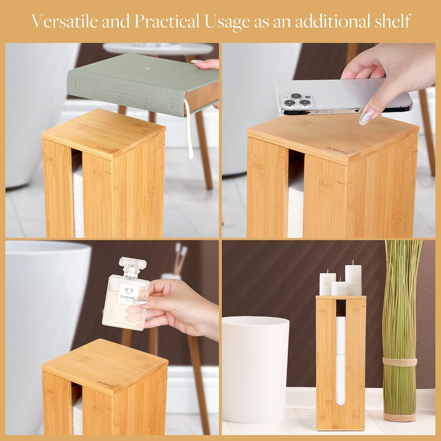 GOBAM Bamboo Toilet Paper Storage - Fits 3 Mega Toilet Paper, Bathroom Organizer, Toilet Paper Holder Stand, Bamboo