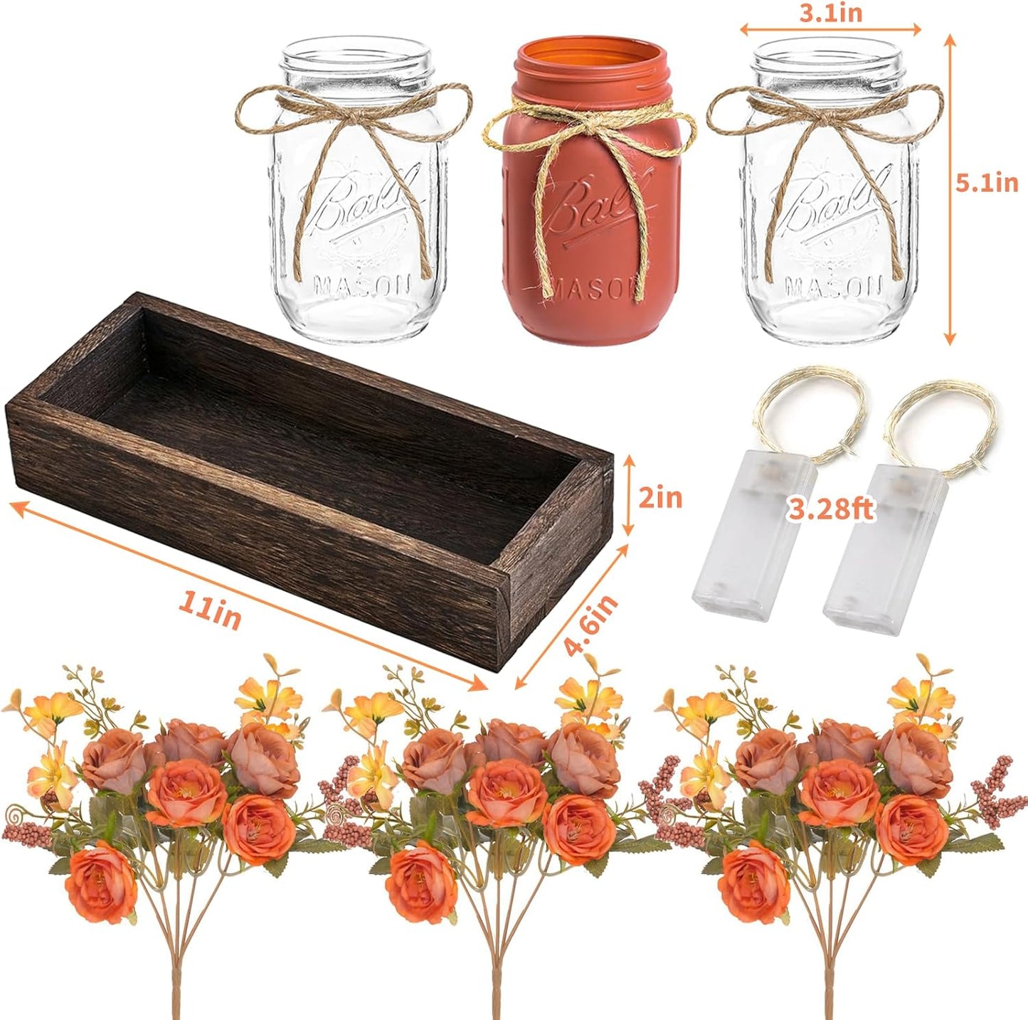 Wood Tray & 3 Artificial Flowers
