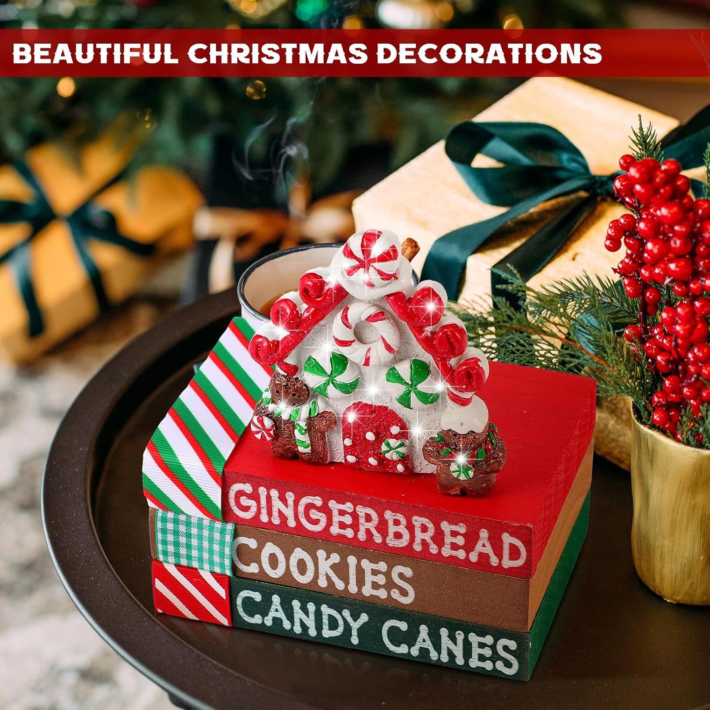 Christmas Table Decoration Resin Gingerbread House Tiered Tray Decor Wood Rustic Gingerbread Block