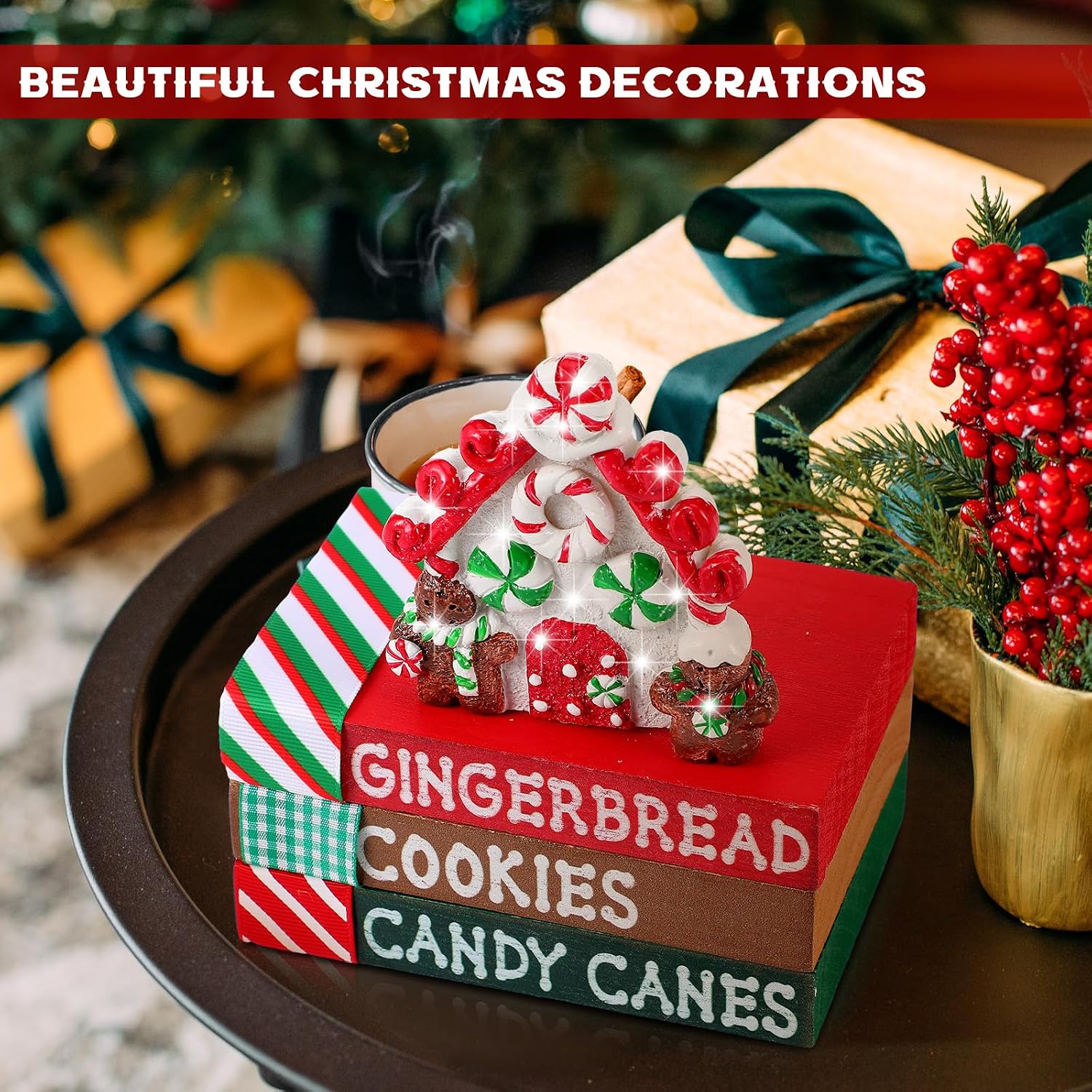 Christmas Table Decoration Resin Gingerbread House Tiered Tray Decor Wood Rustic Gingerbread Block