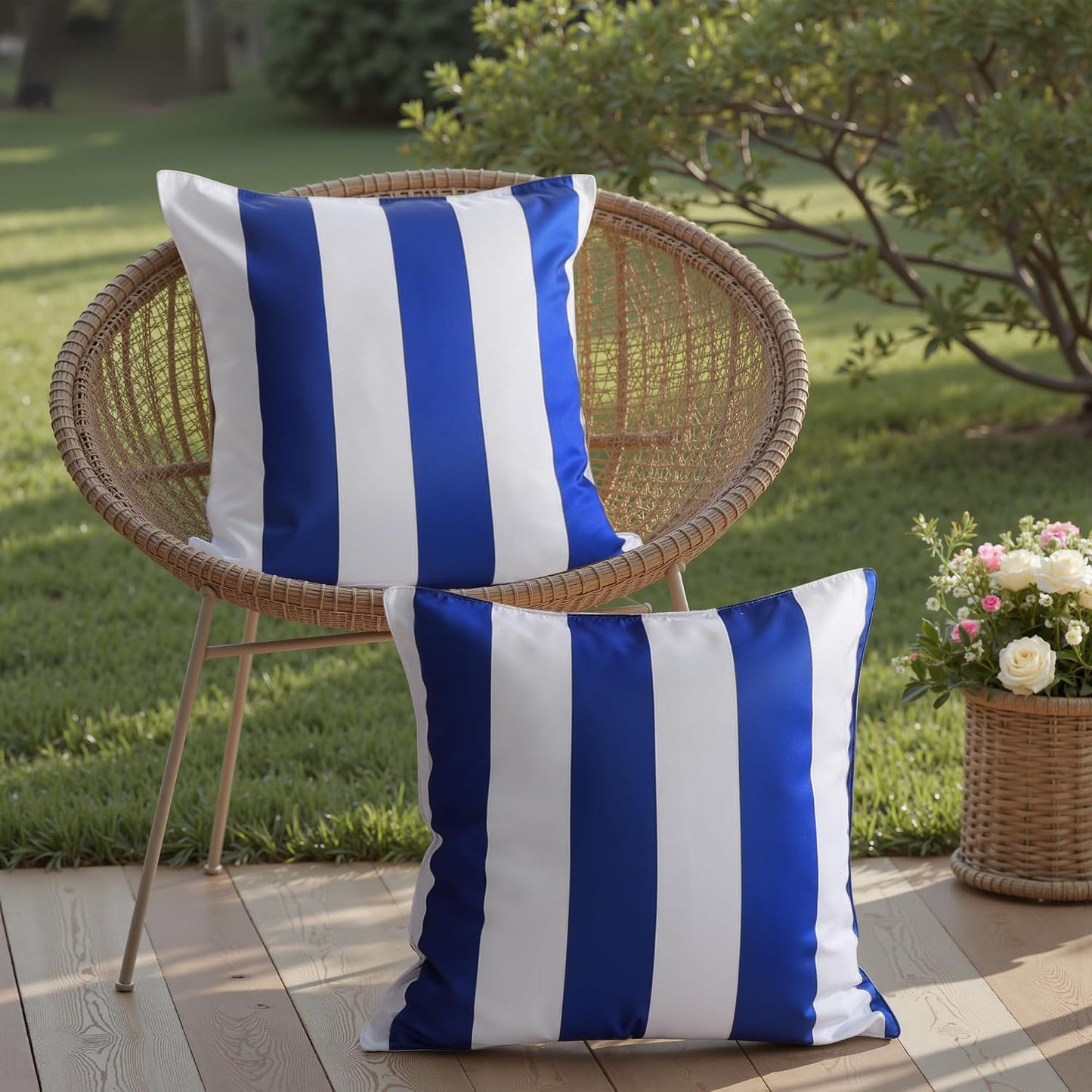 Western Home Decorative Outdoor Solid Waterproof Striped Throw Pillow / Blue / 18 x 18 / Set of 2