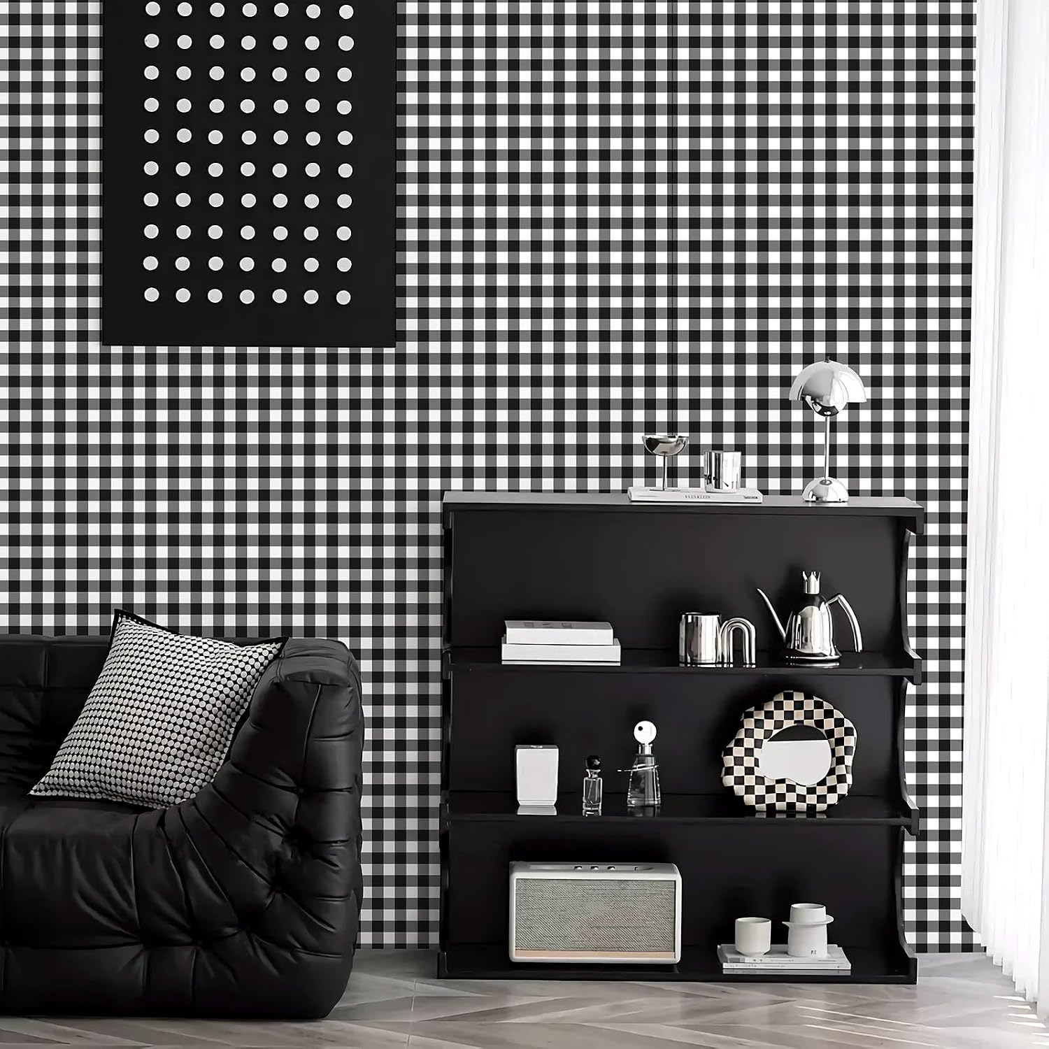 Plaid Peel and Stick Wallpaper Removable Checkered Contact Paper / Black / 17.3 x 240