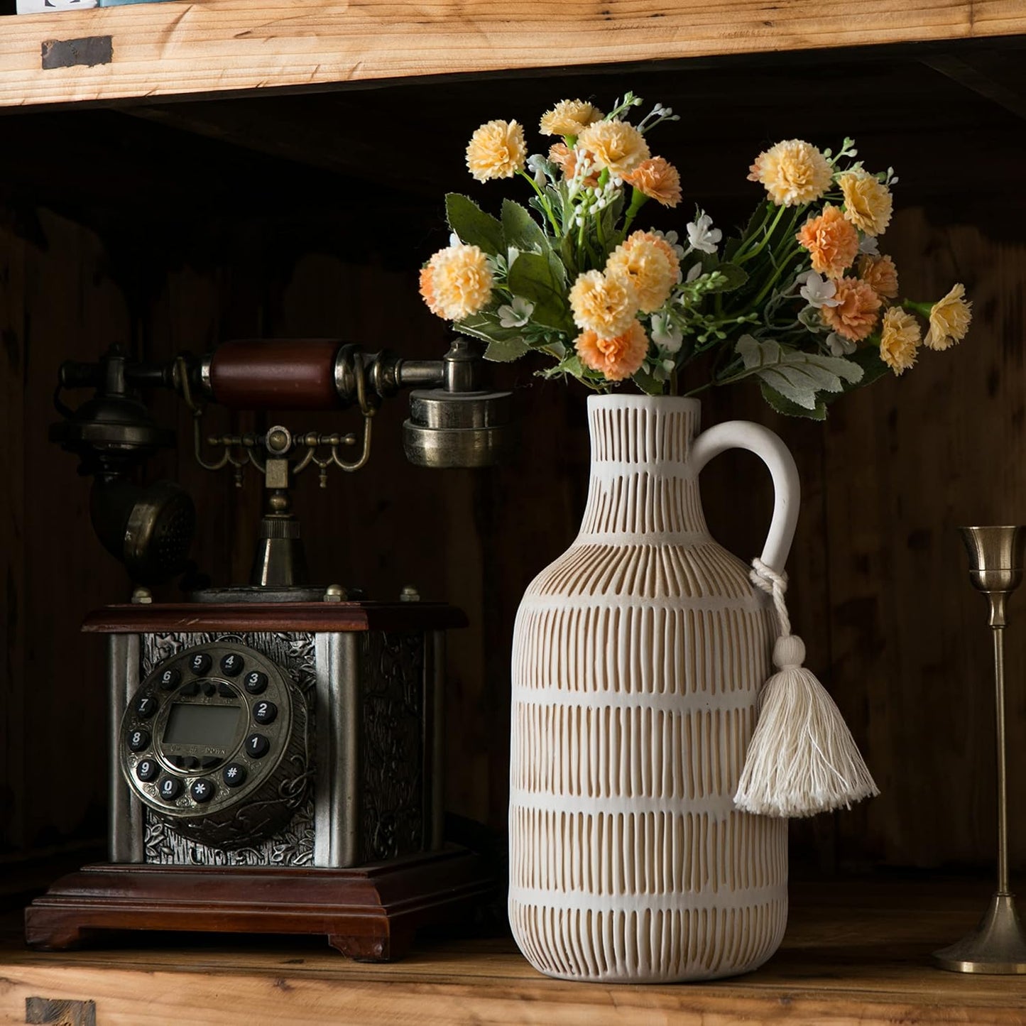 Farmhouse Vase / Grey Yellow Vertical Stripes Design Clay Vase 10'' Tall / Gray - Long