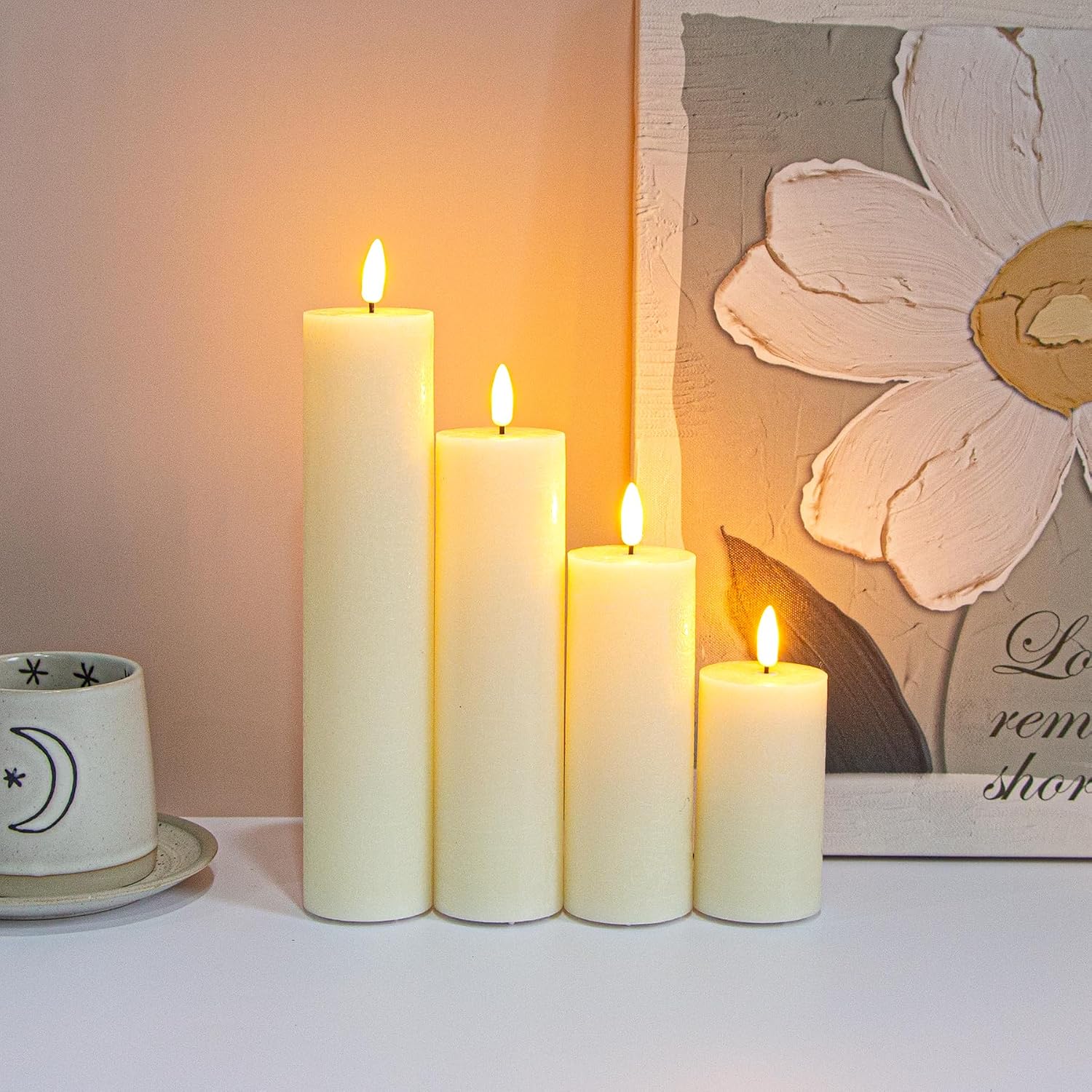 Flickering Flameless Pillar Candles with Remote Control and Cycle Timer,Ivory Pack of 4 Battery Operated(Powered by