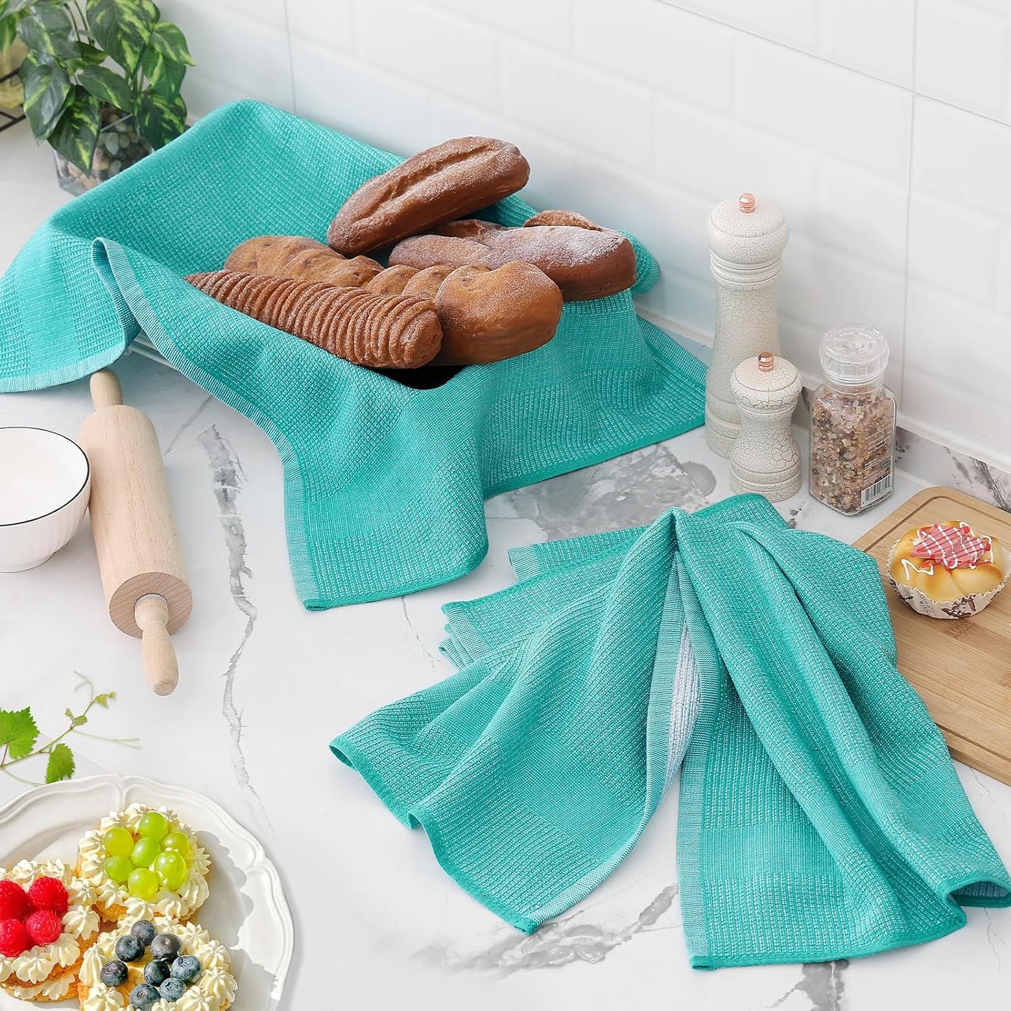 Homaxy 380 GSM Cotton Premium Kitchen Towels 6 Pack, 18"x 28", Teal | Flat and Terry Dish Towels, Highly Absorbent Tea