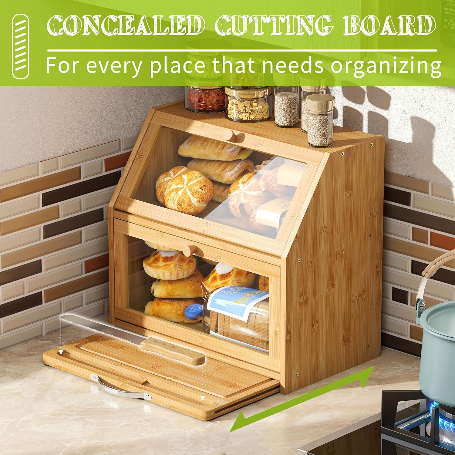 BMOSU Bread Box with Cutting Board Kitchen Bread Storage Organizer Farmhouse Countertop Double Bamboo Wood Bread