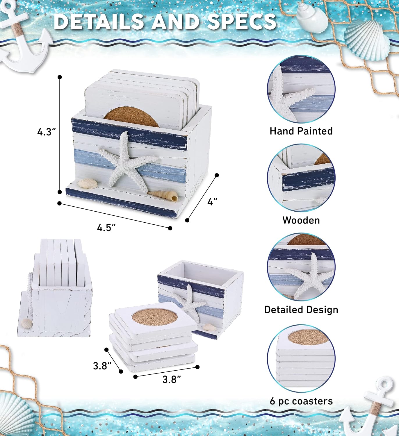COTA Global Stripes Nautical Wooden Coaster Set / Blue