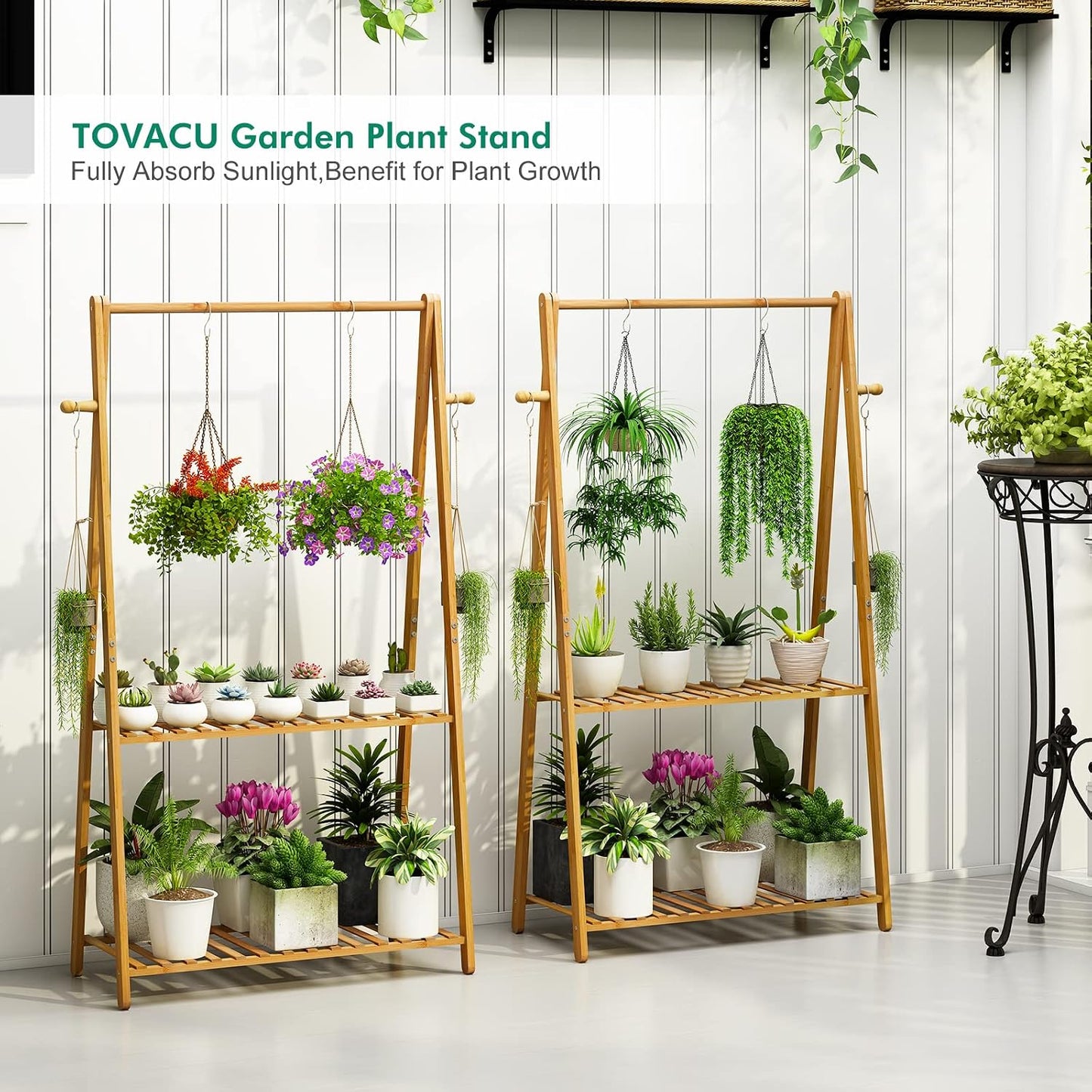 Hanging Plant Shelf Indoor Outdoor Bamboo Wood Plant Flower Stands | 2 Tiered Bamboo Plant Shelves Flower Holder A