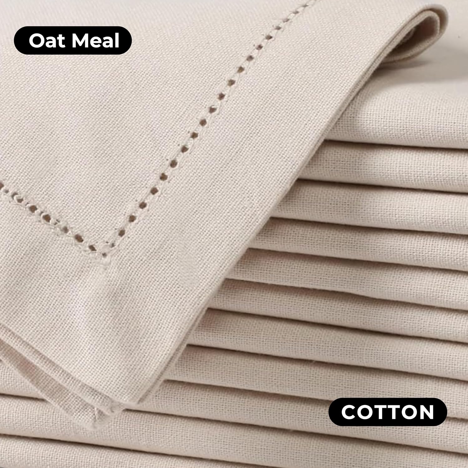 Bedding Craft Cotton Linen Napkins, Oatmeal, 18x18, Set of 12 | Cotton-linen blend, flax oatmeal color, hemstitched