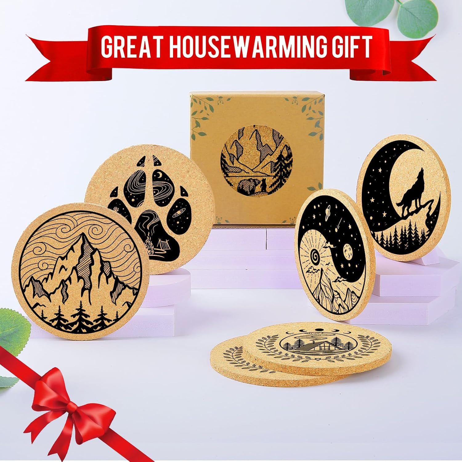 Holder / Cork Coaster Absorbent Wood for Cup Desk Office Table Kitchen Decor / Mountain / Set of 6