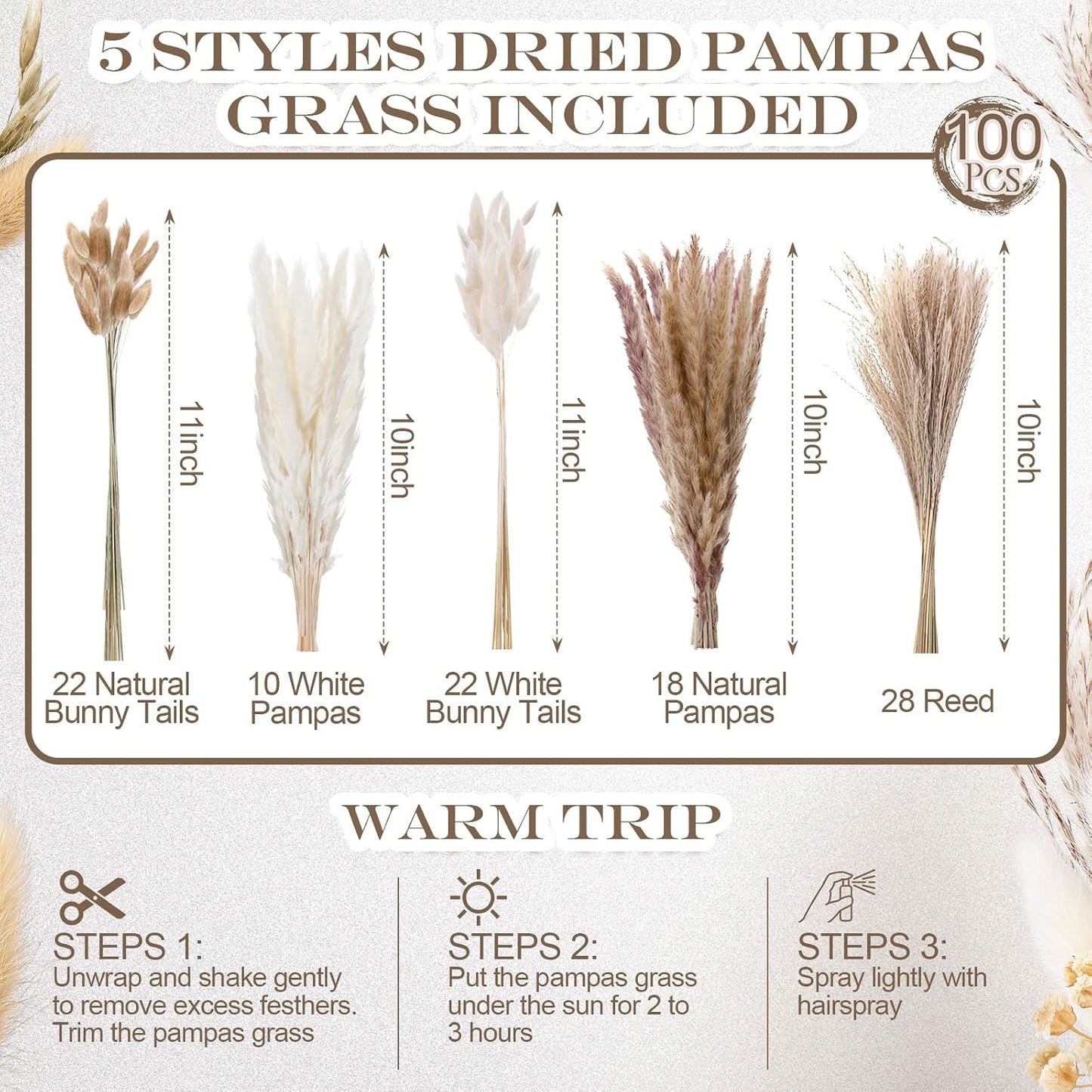 Dried Pampas Grass Flowers for Modern Beige Room Hollow Boho Minimalist Plastic / White / Set of 100