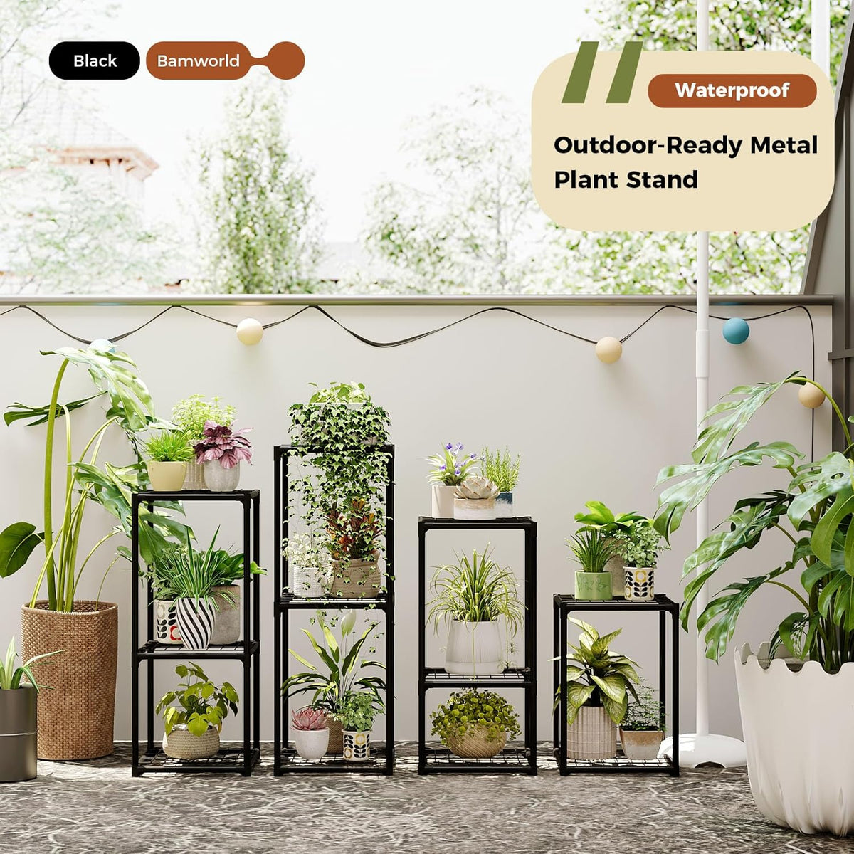 Bamworld Plant Stands Indoor 4 Sets Plant Shelves Outdoor | Metal Plant Holder for Multiple Plants Flower Stands for