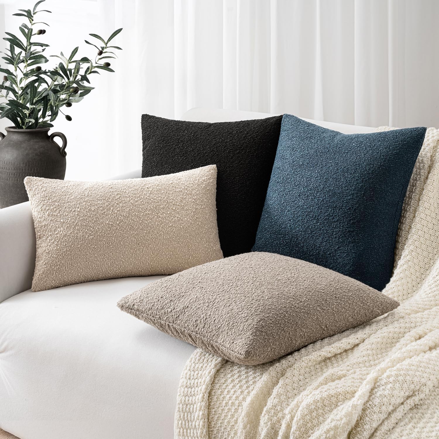 Decorative Boucle Throw Pillow Covers Textured Square Pillowcaes / 18 x 18 / Dark Blue / Set of 2