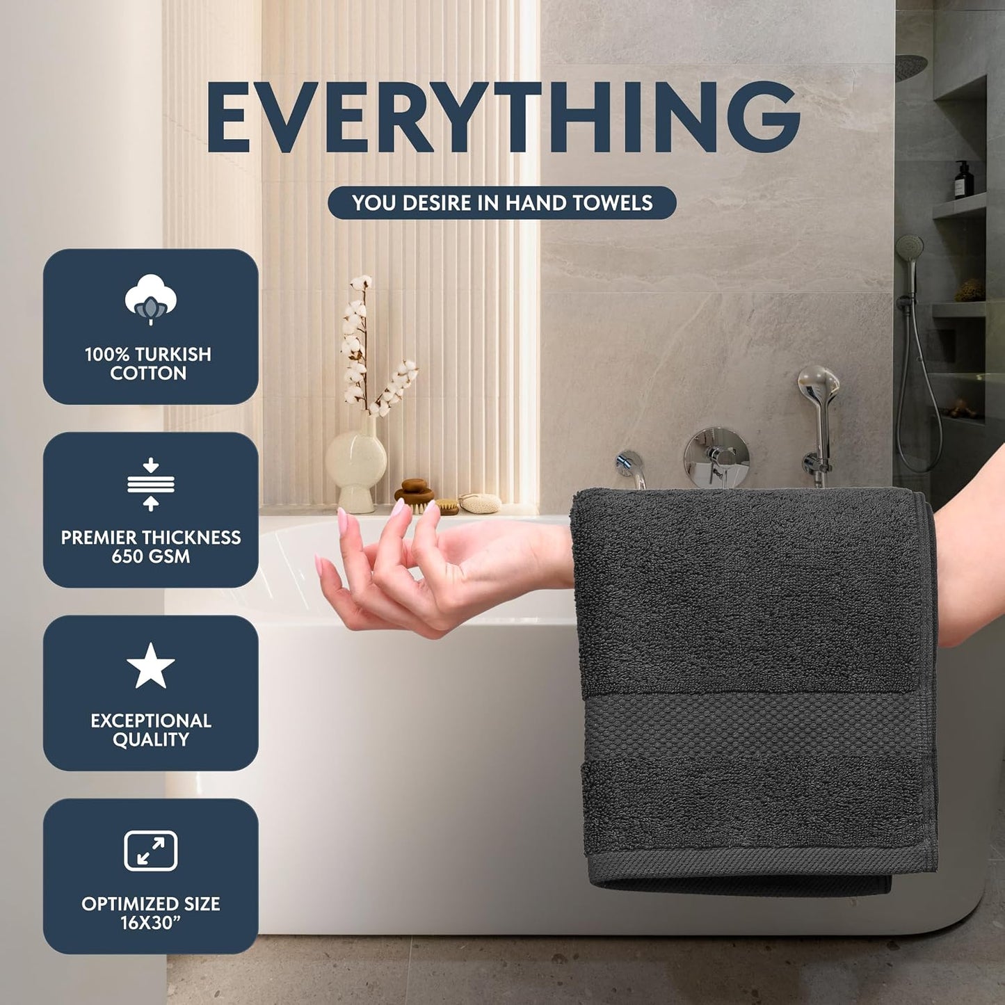 White Classic Luxury Dark Gray Hand Towels - Soft 100% Turkish Cotton | Highly Absorbent Hotel spa Bathroom Towel