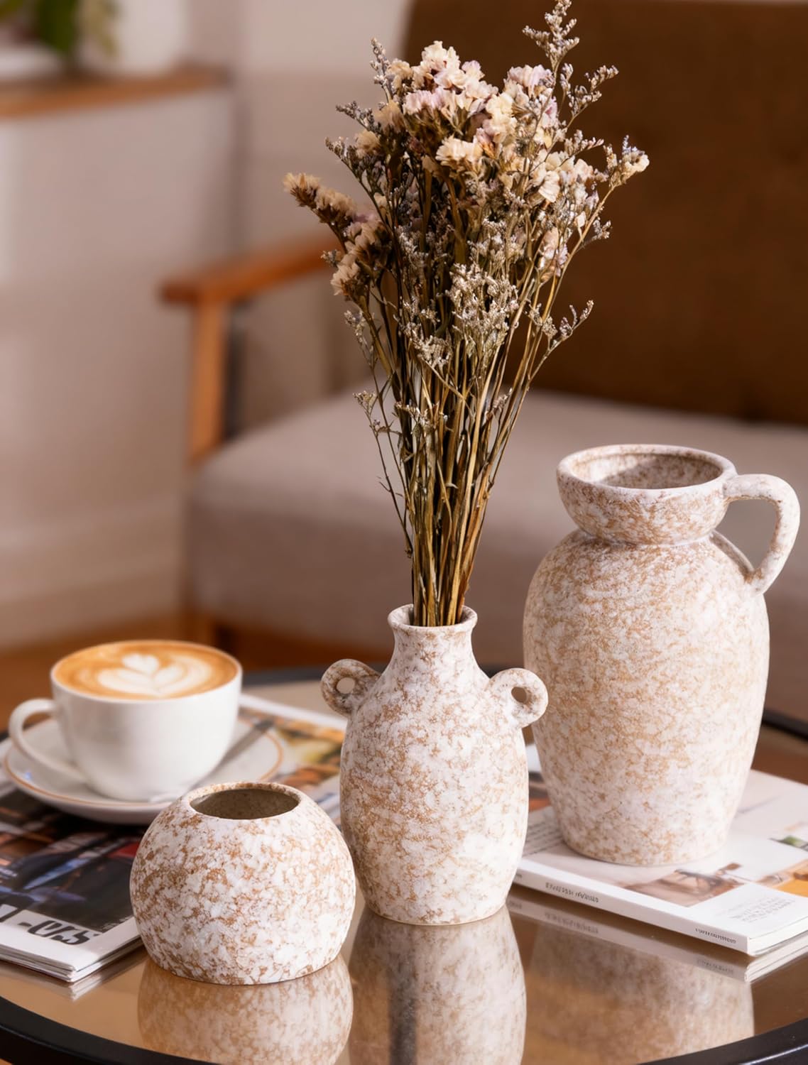 Ceramic Stone Modern Rustic Farmhouse Vase Centerpiece / 16 Khaki / Beige / Set of 3