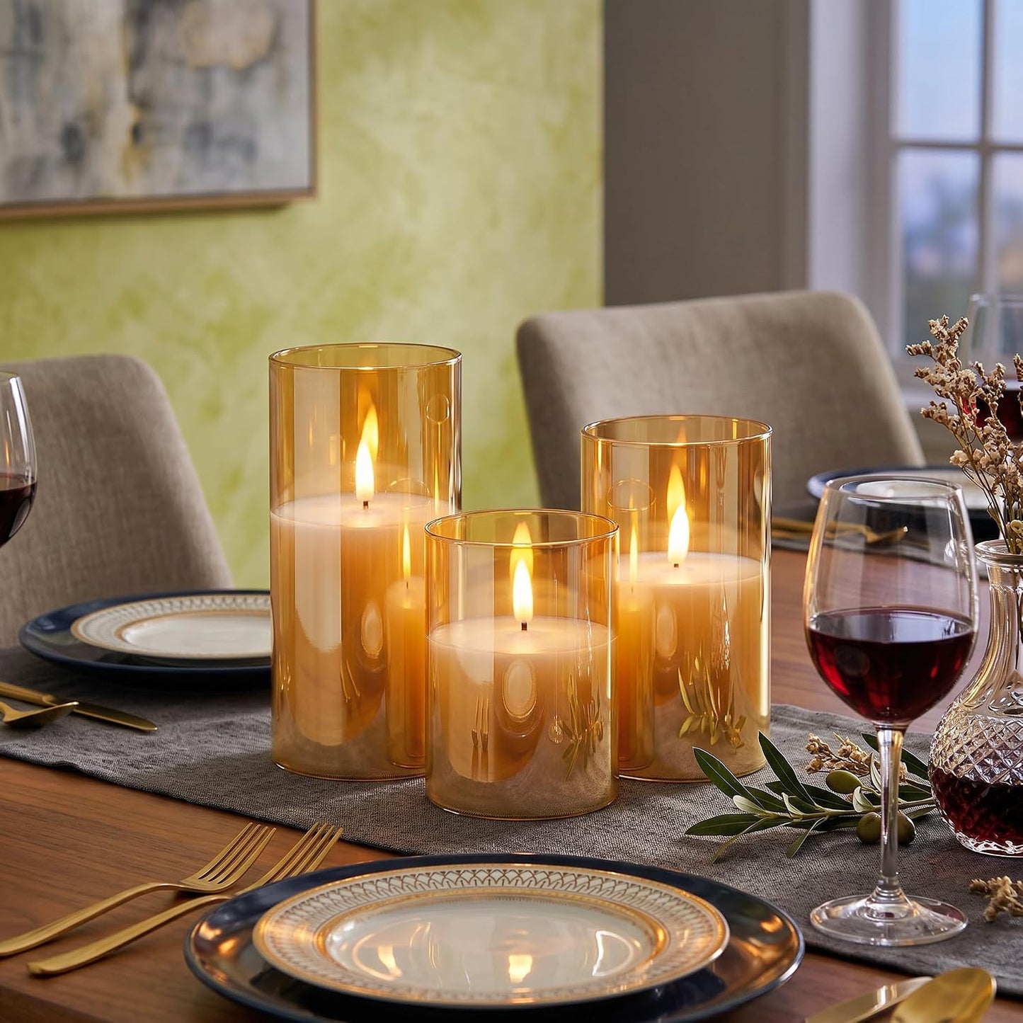 GenSwin Glass Rechargeable Flameless Candles Remote Battery Operated, Gold | LED Pillar Candles, Long Lasting Real Wax
