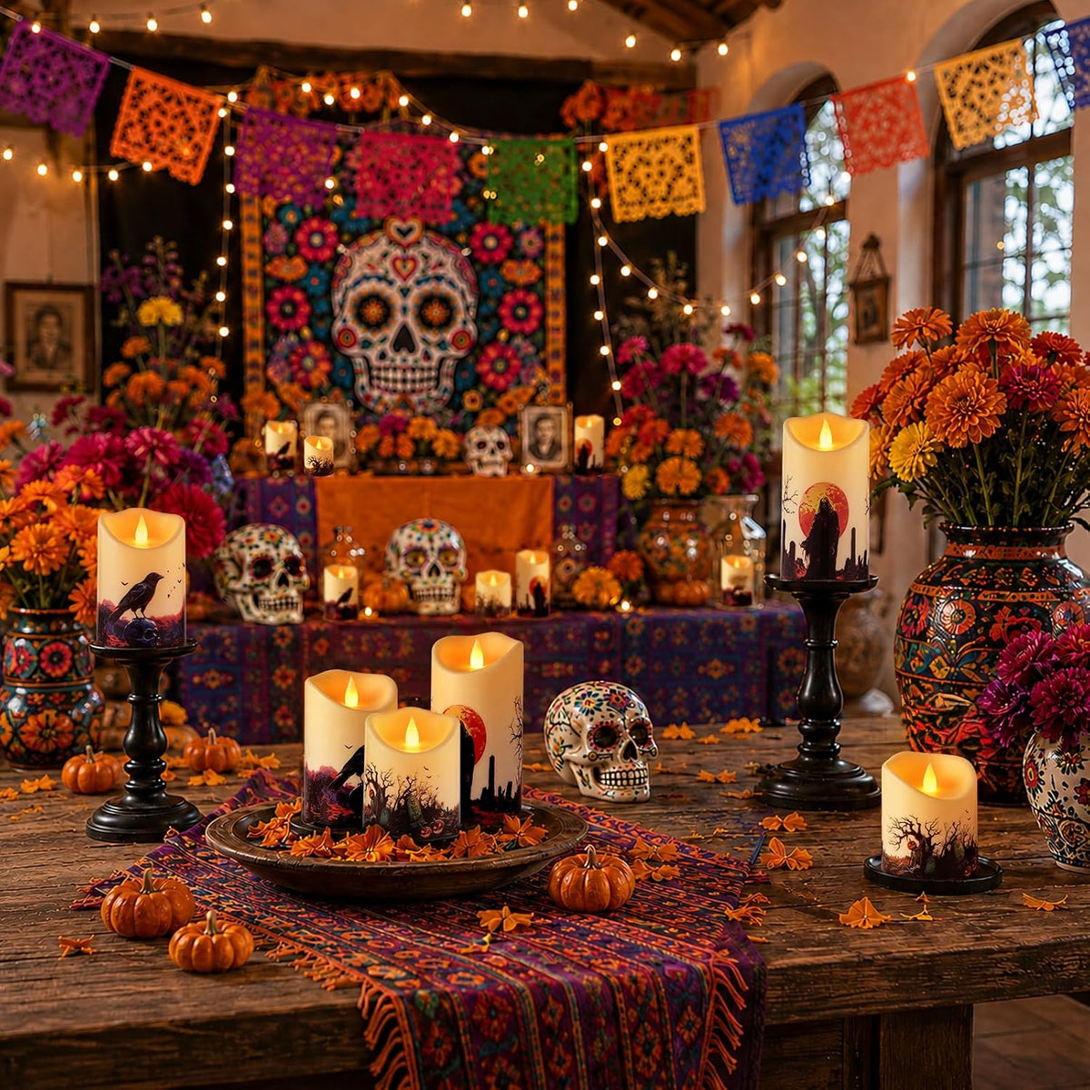 Halloween Flameless Candles Set of 6, Indoor Outdoor LED Pillars | 3"D X 4" 5" 6" H, Climbing flame, waterproof, 2x