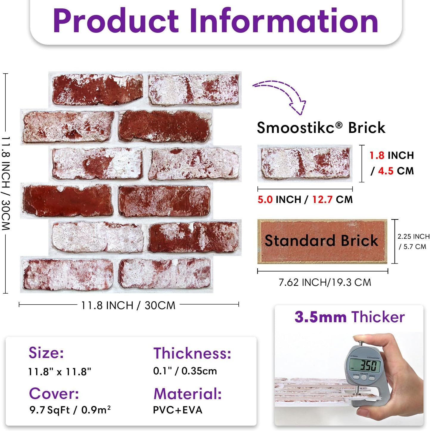 3D Peel and Stick Faux Brick Wall Panels / SM-BRICK-D / Red / 11.8 x 11.8 / Set of 10