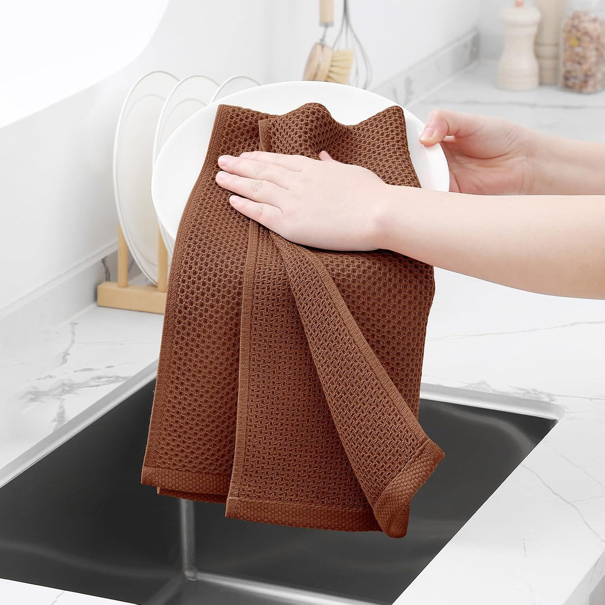 Homaxy 100% Cotton Waffle Weave Kitchen Dish Towels 6-Pack, Caramel | 13 x 28 Inches, Ultra Soft Absorbent Dish Towels