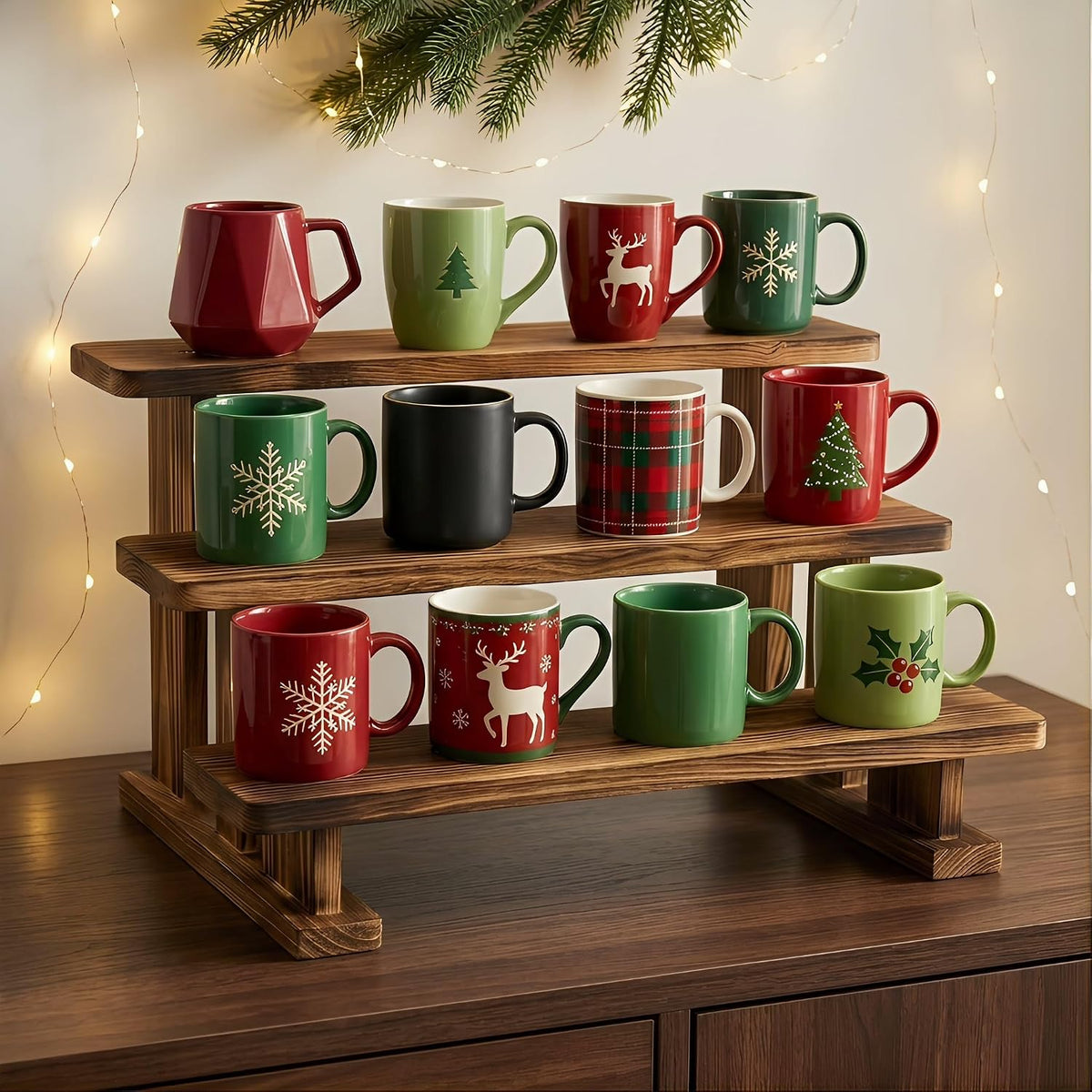 2 Pack 3 Tier Coffee Mug Display Shelf, Wooden Mug Organizer | Mug Display Shelve Coffee Station Organizer Display Rack