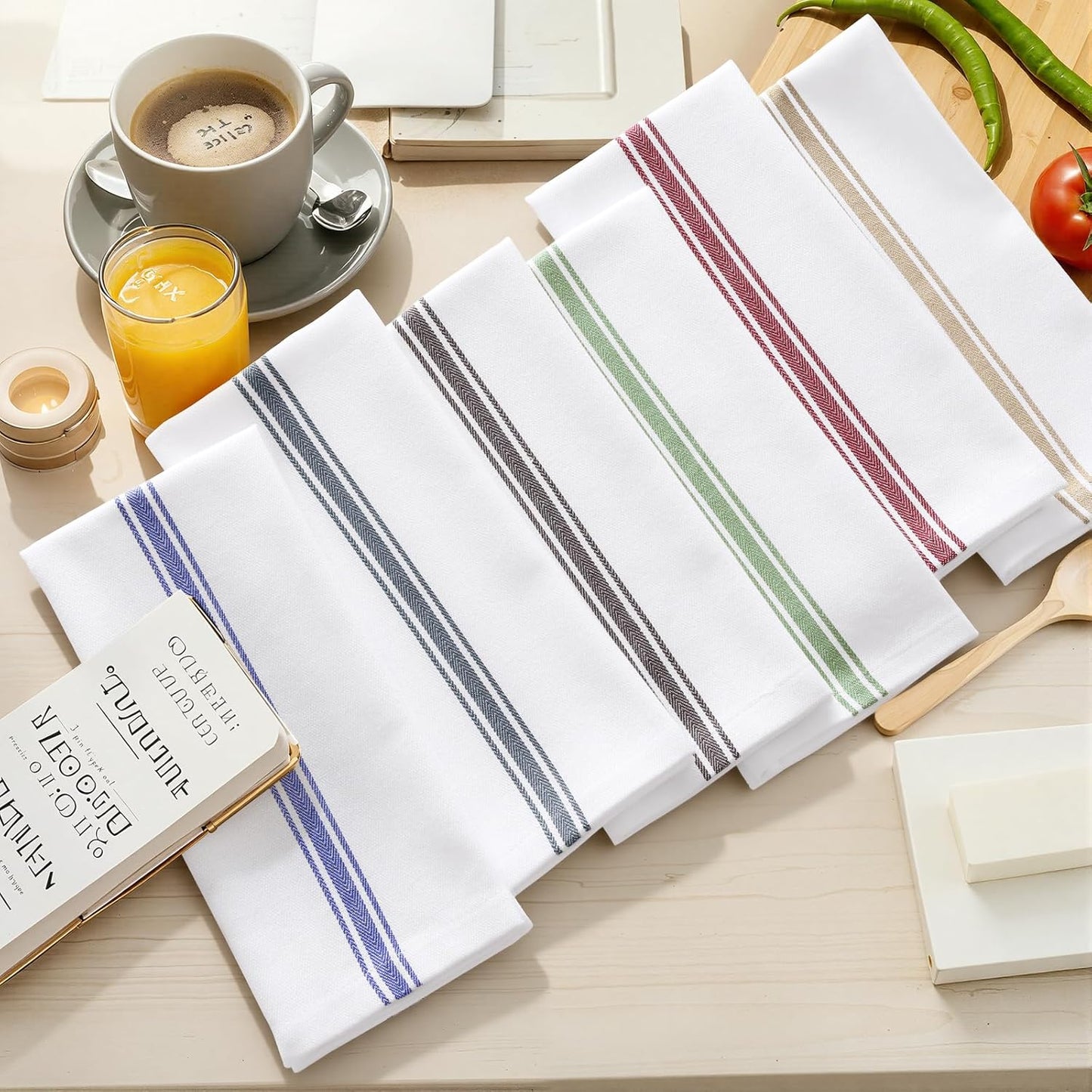 Homaxy 100% Ring Spun Cotton Kitchen Towels 24 Pack, Red Stripe | 15 x 25 Inch, Highly Absorbent Dish Towels for