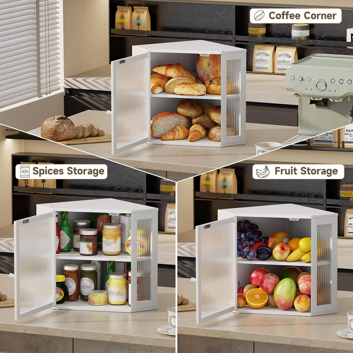 Corner Bread Box for Kitchen Countertop,Bread Storage Bin (White, Medium) | Double Layer Large Capacity Bamboo Bread