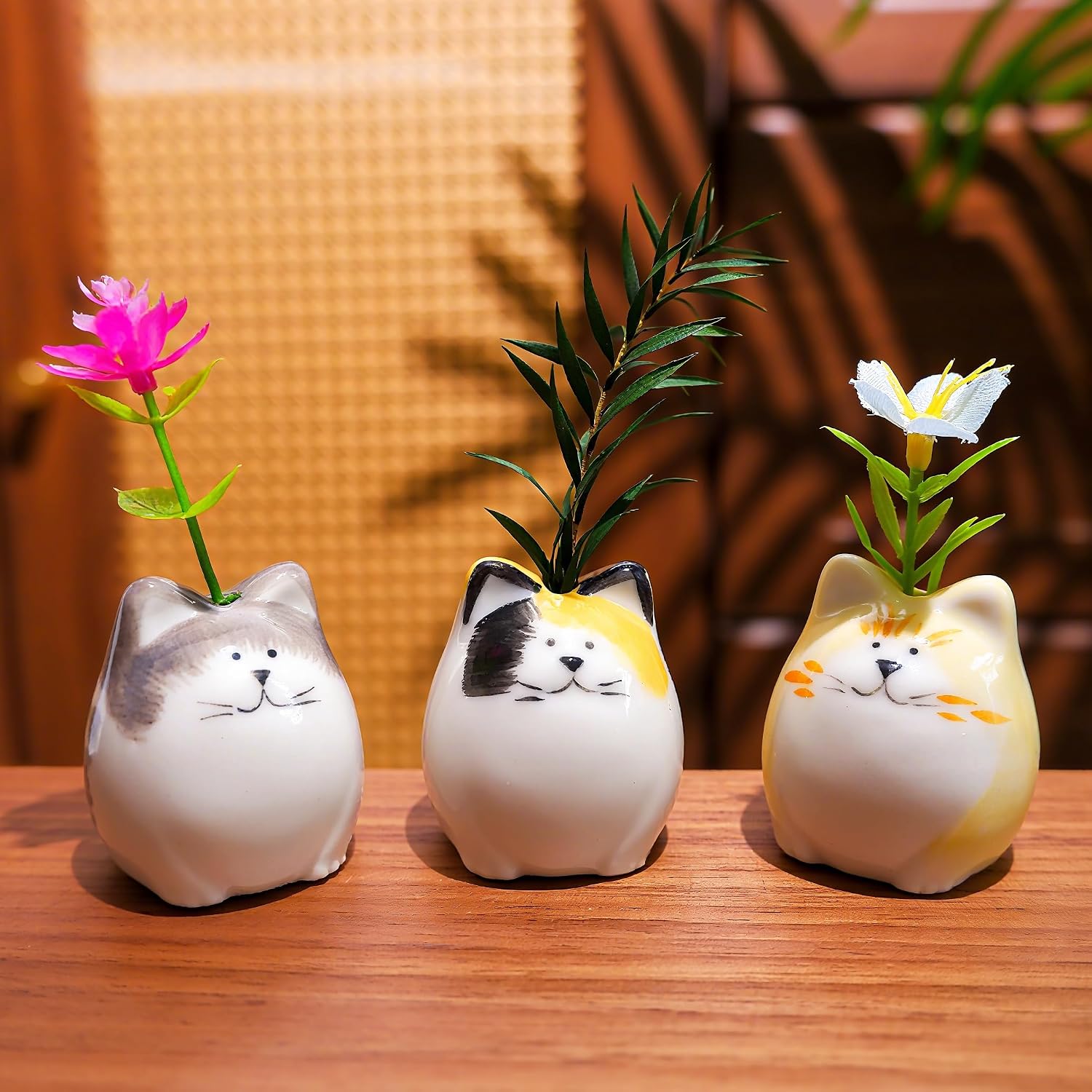 Mini Flower Vases-Unique Small cat vase- Ceramic Bud Vases for Single / Painted Cat Vase / Set of 3
