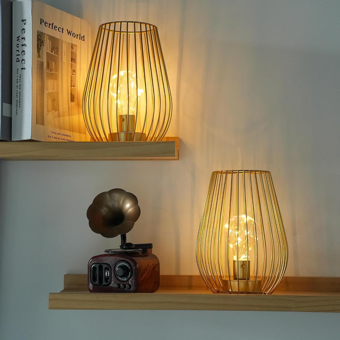 TRIROCKS Metal Cordless Table Lamp - 8'' Tall Set of 2 Cage Shape Battery Operated Lamp with Fairy Lights Bulb for