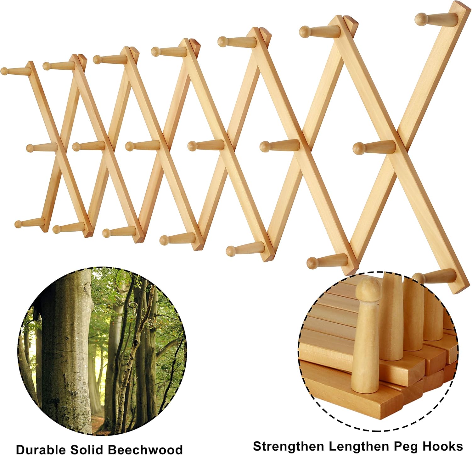 Accordian Wall Hanger: 16” High Wooden Wall Expandable Coat Rack, Hat Rack Holder, Accordion Hook for Baseball Caps