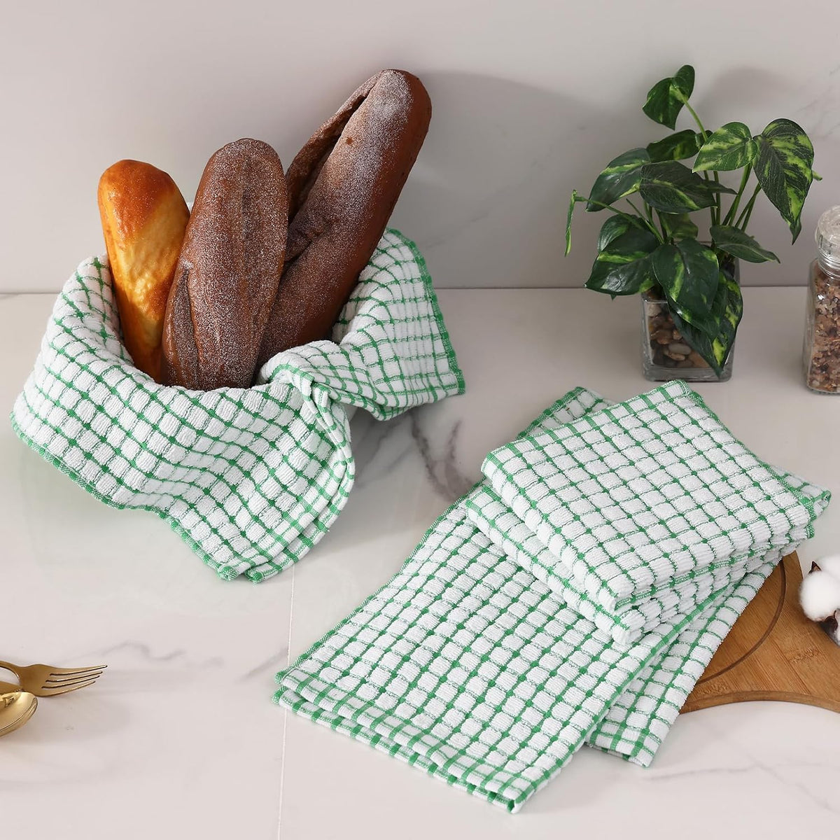 Homaxy Kitchen Towels and Dishcloths Set, Set of 12, Green | Cotton Terry Kitchen Dish Towels, Super Soft and Absorbent