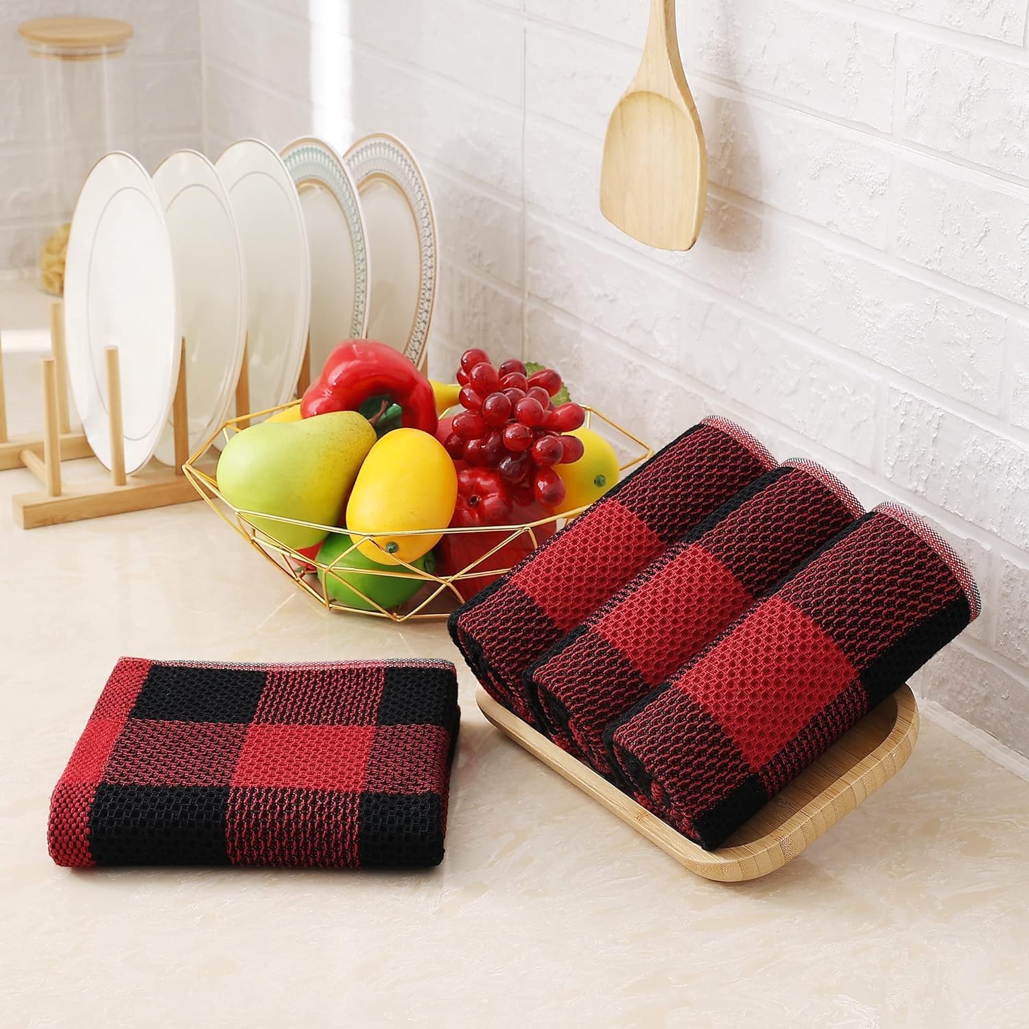 Homaxy Kitchen Towels and Dishcloths Set, Set of 12, Black & Red | Bulk Cotton Waffle Weave Check Plaid Kitchen Towels