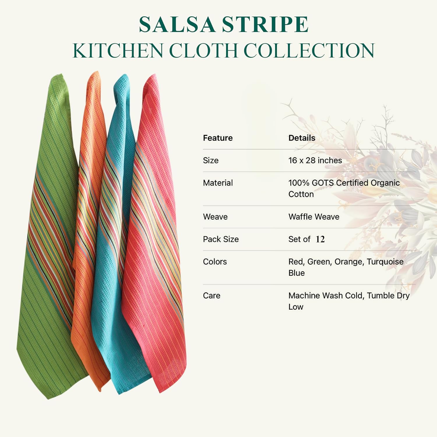 Salsa Stripe Kitchen Dish Towels, 100% Cotton, Highly Absorbent, Multi Purpose Waffle Tea Towels for Cooking, Drying &