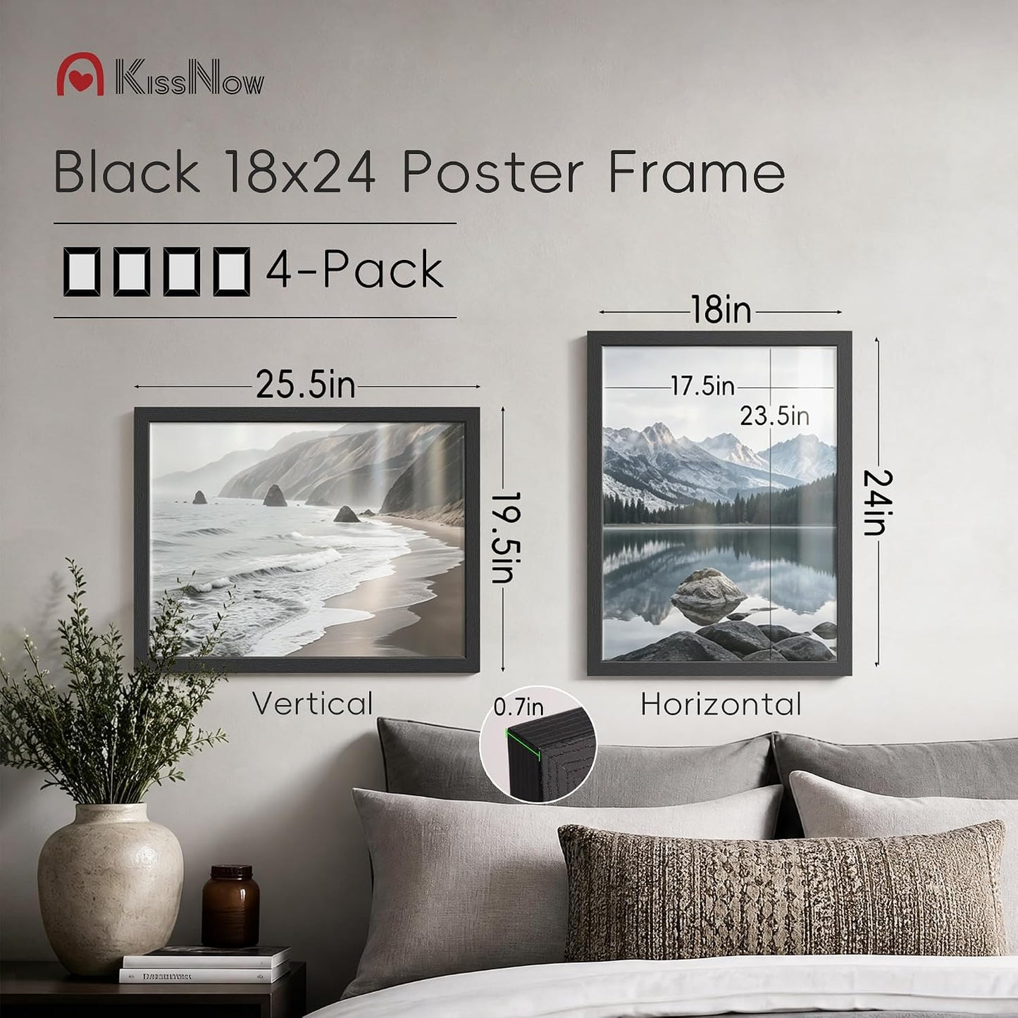 18x24 Poster Frame 4 Pack, Black Solid Wood, Gallery Wall Decor | Wall Hanging, Thick & Wide Border, Clear Plexiglass