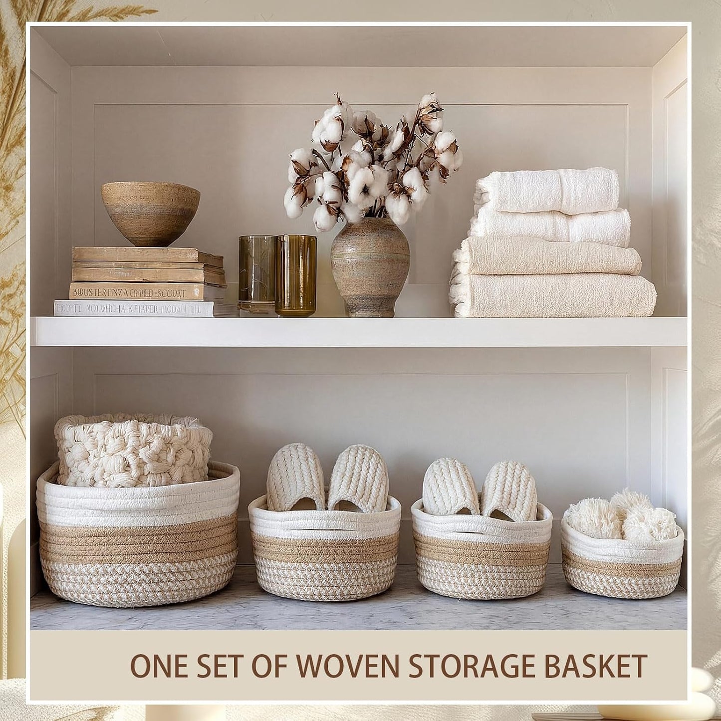 Boho Cotton Rope Storage Baskets for Organizing 3 Sizes Woven Shelf Basket Set Decorative / Set of 6