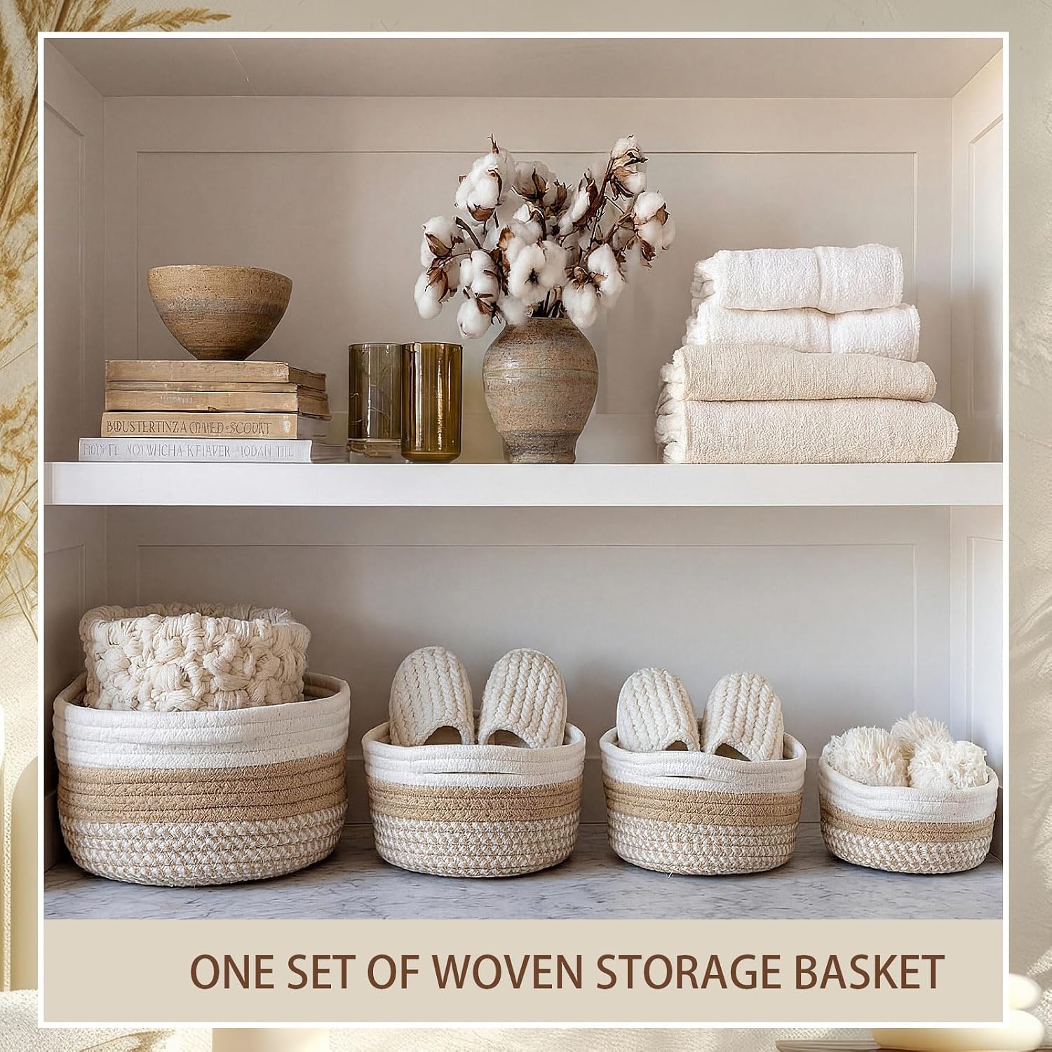 Boho Cotton Rope Storage Baskets for Organizing 3 Sizes Woven Shelf Basket Set Decorative / Set of 6