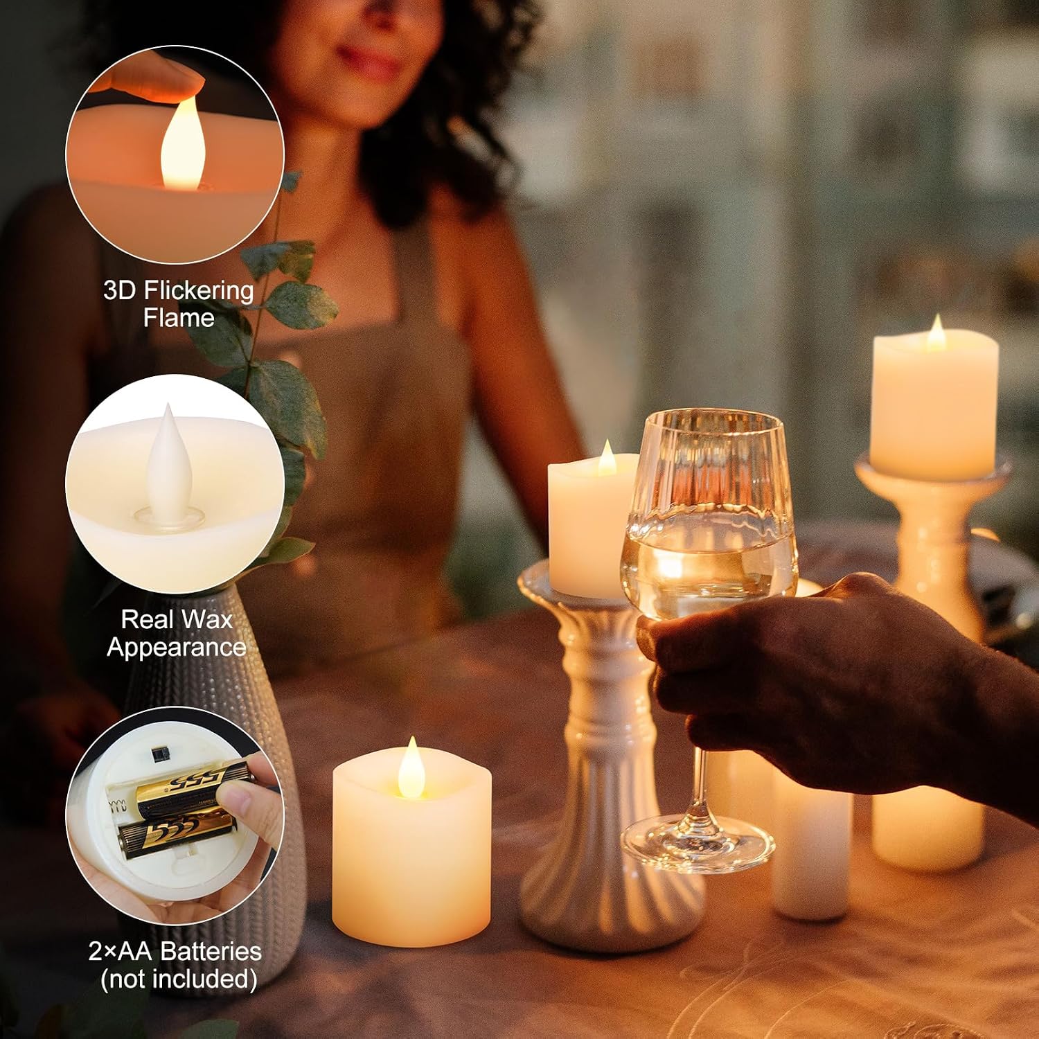 3x3 Flickering Flameless Candles Set of 3, Real Wax LED Battery Candles Flickering, 3 inch Flameless Candles with