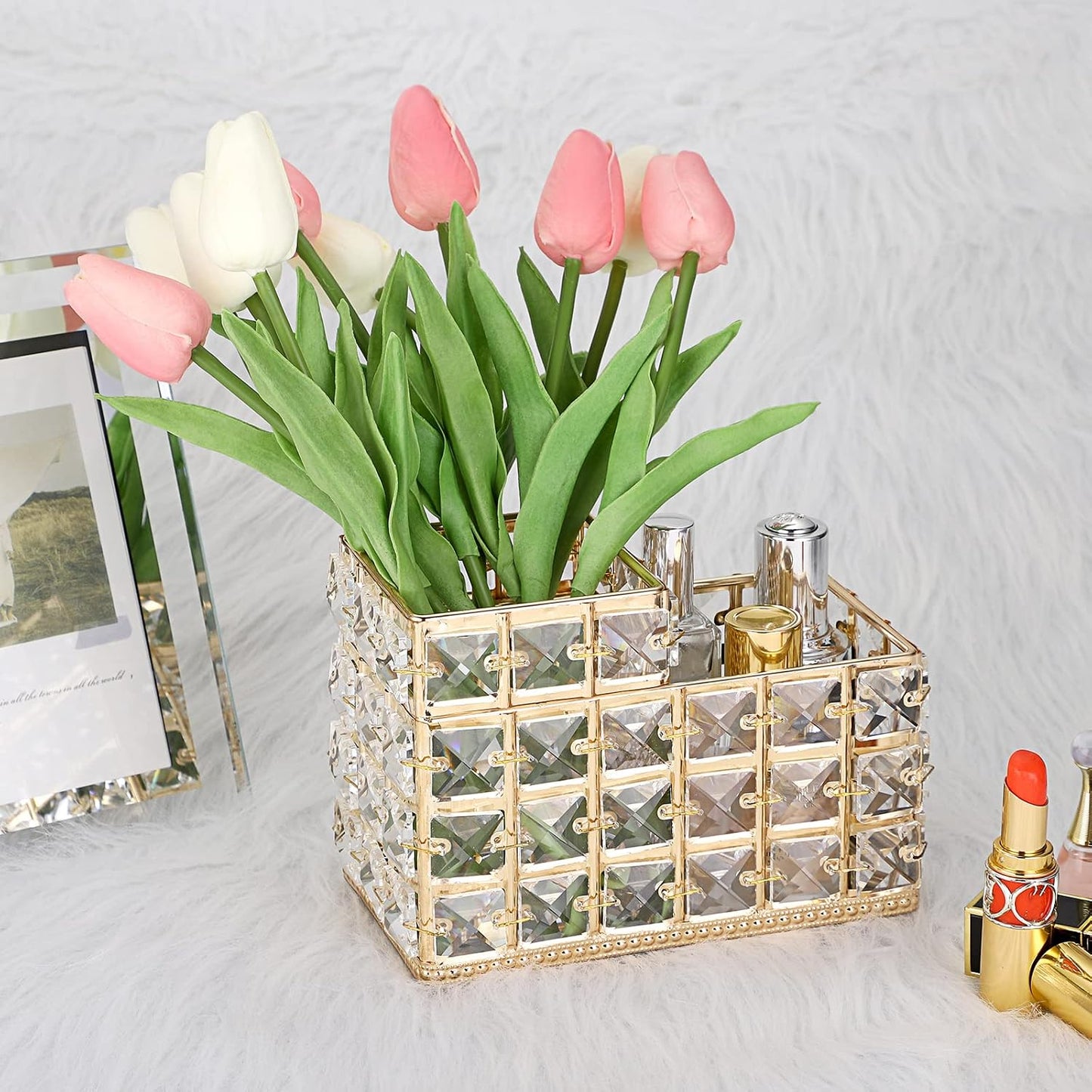Crystal Remote Control Holder Gold Bling Makeup Brush Organizer Remote Caddy Candle / 2-slot, Gold