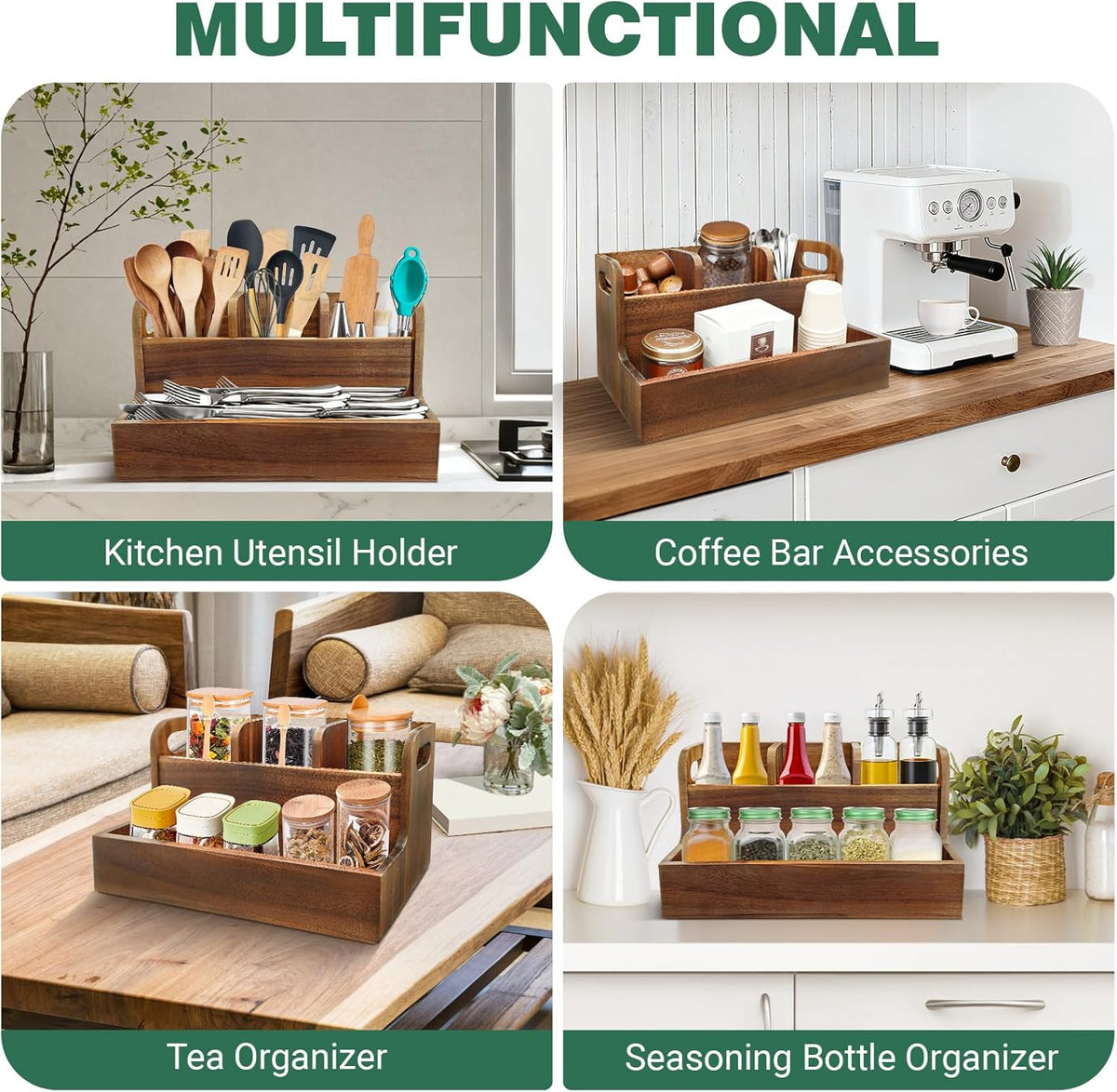 Kitchen Utensil Holder for Countertop with 3 Compartments，Acacia Wood Utensil Holder Cooking Spatula Organizer Large