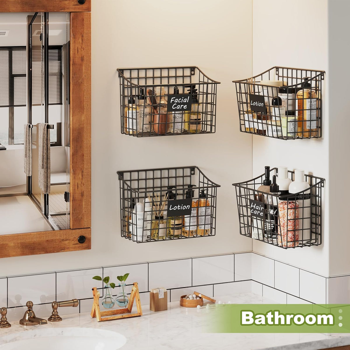 Wall Basket with Label Plate & 5 S-Hooks –4 Pack Hanging Wire Basket for Organizing, Wall Storage for Kitchen