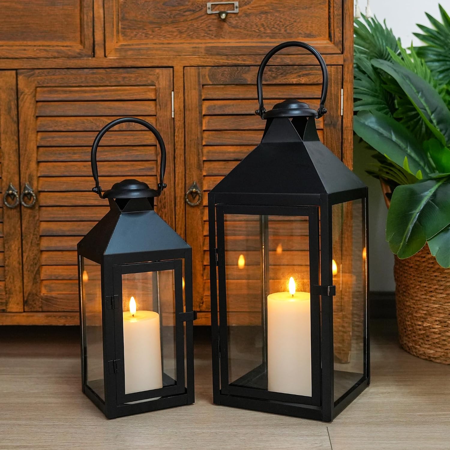 JHY DESIGN Set of 2 Black Decorative Lanterns 17.5inch&13.5inch Metal Candle Lanterns for Indoor Outdoor Events Paritie